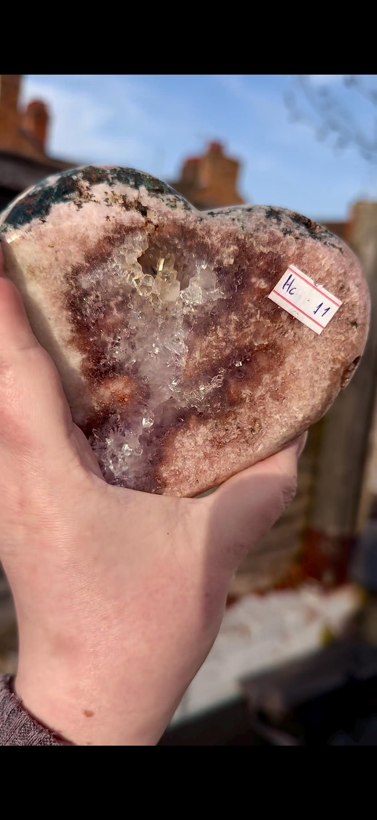 pink amethyst heart with quartz - comes with stand