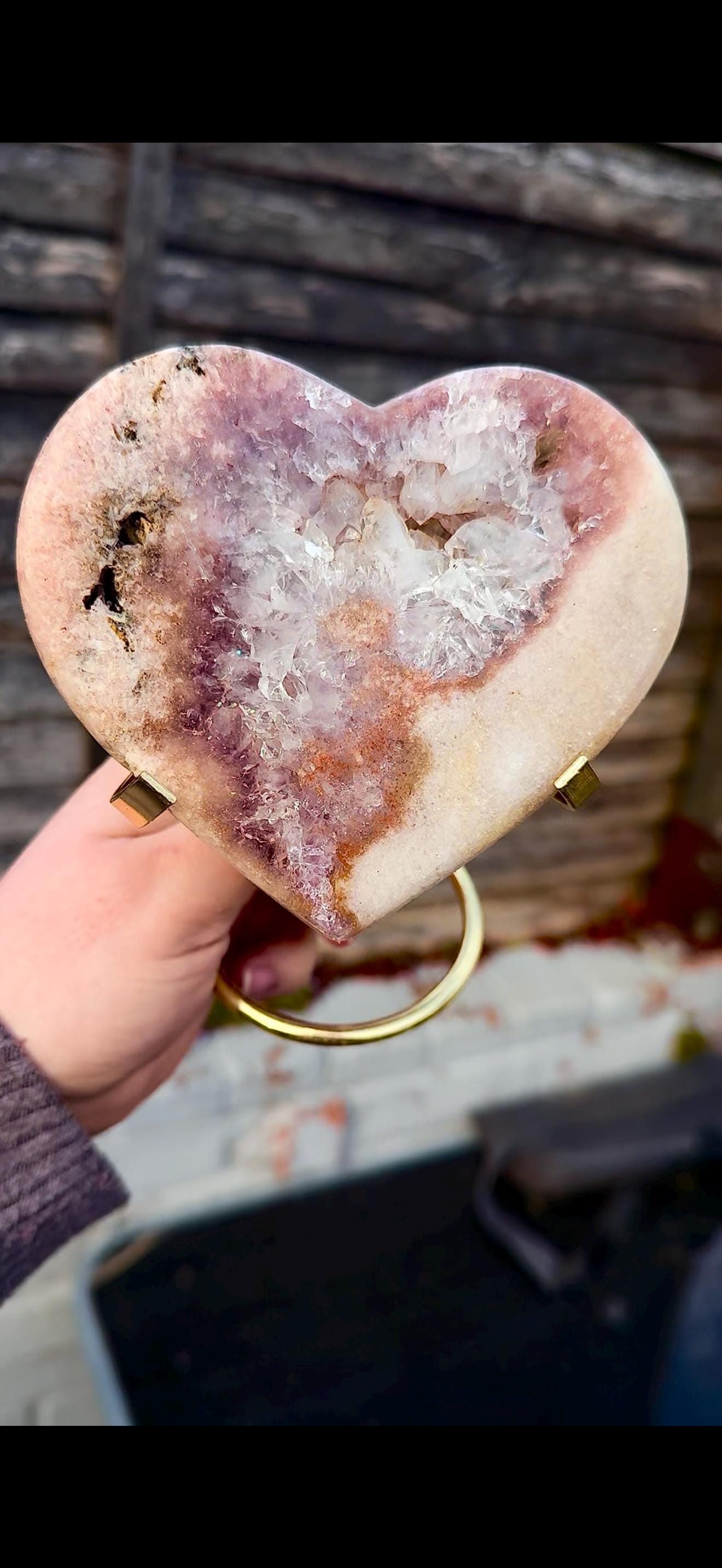 pink amethyst heart with quartz - comes with stand