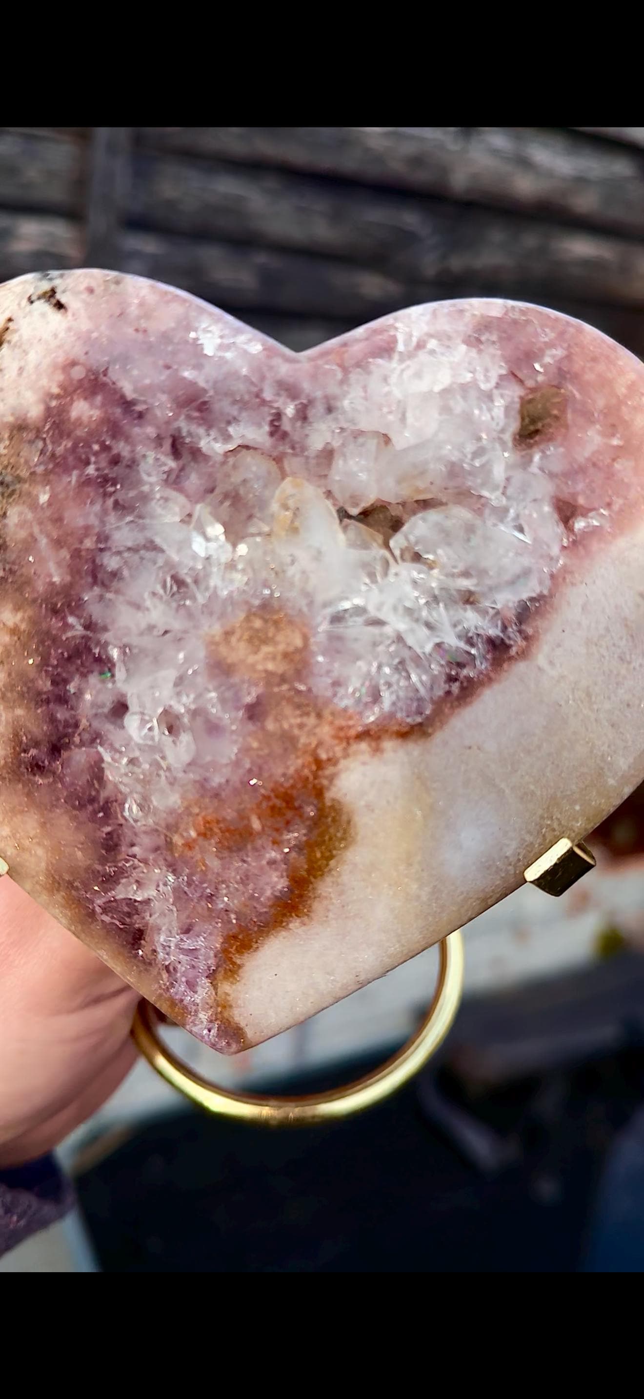pink amethyst heart with quartz - comes with stand