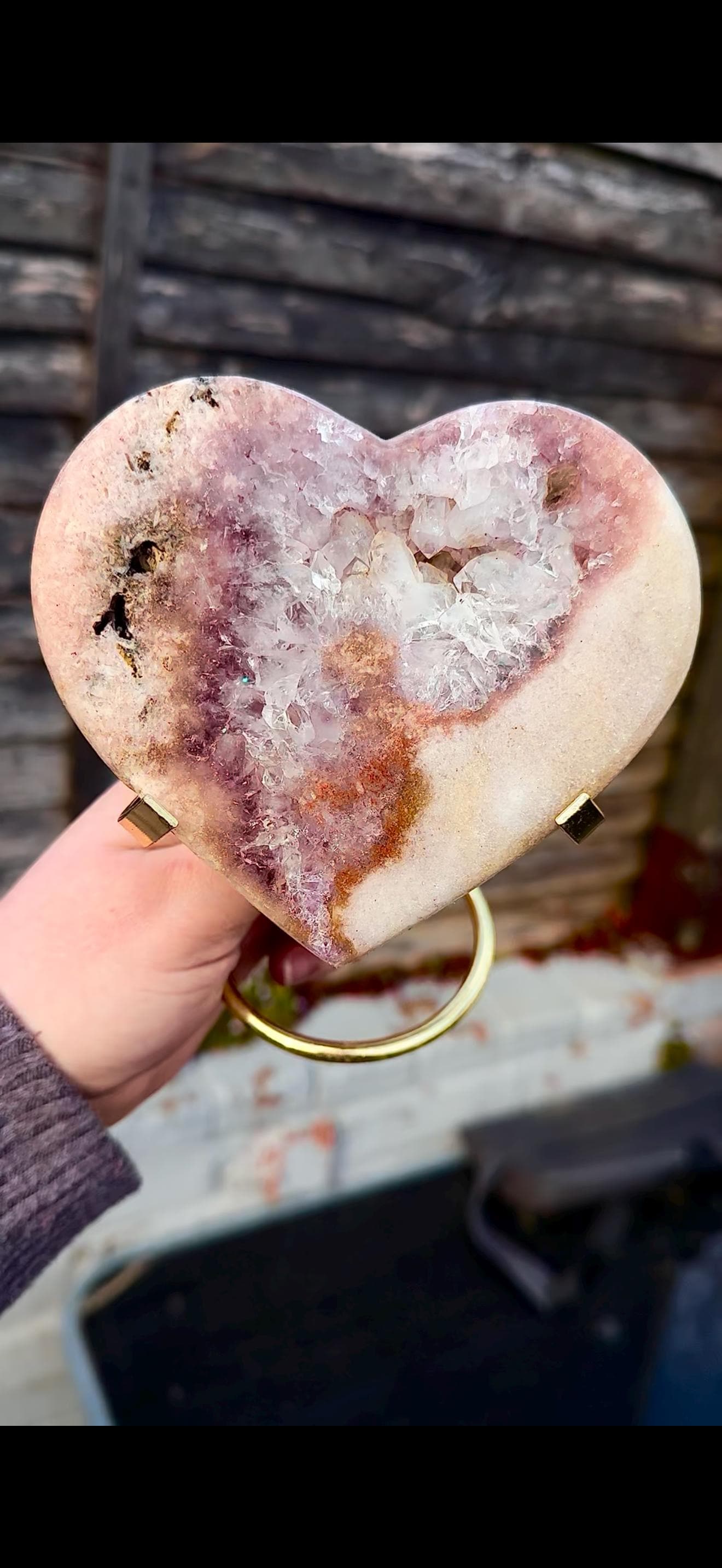 pink amethyst heart with quartz - comes with stand