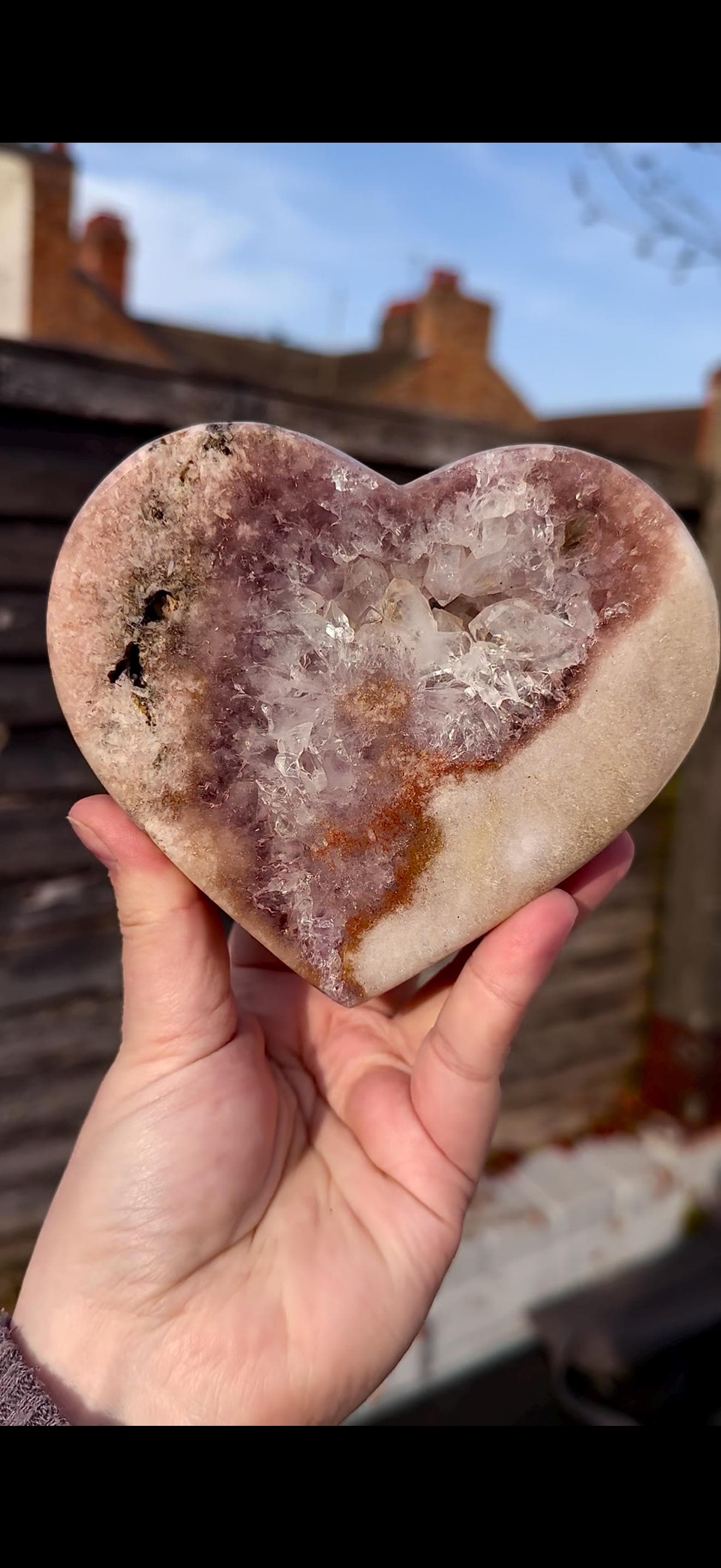 pink amethyst heart with quartz - comes with stand