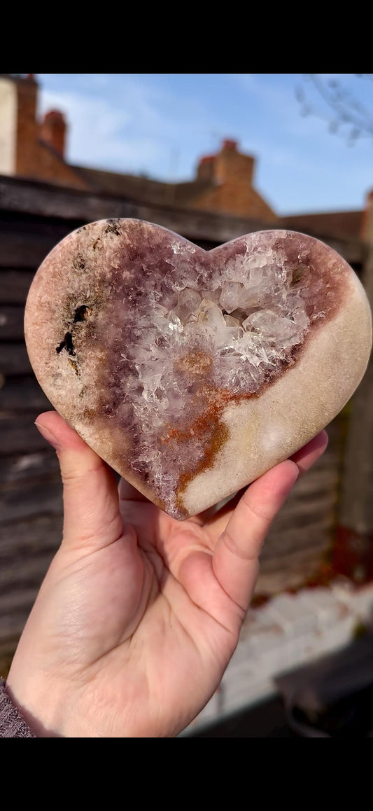 pink amethyst heart with quartz - comes with stand