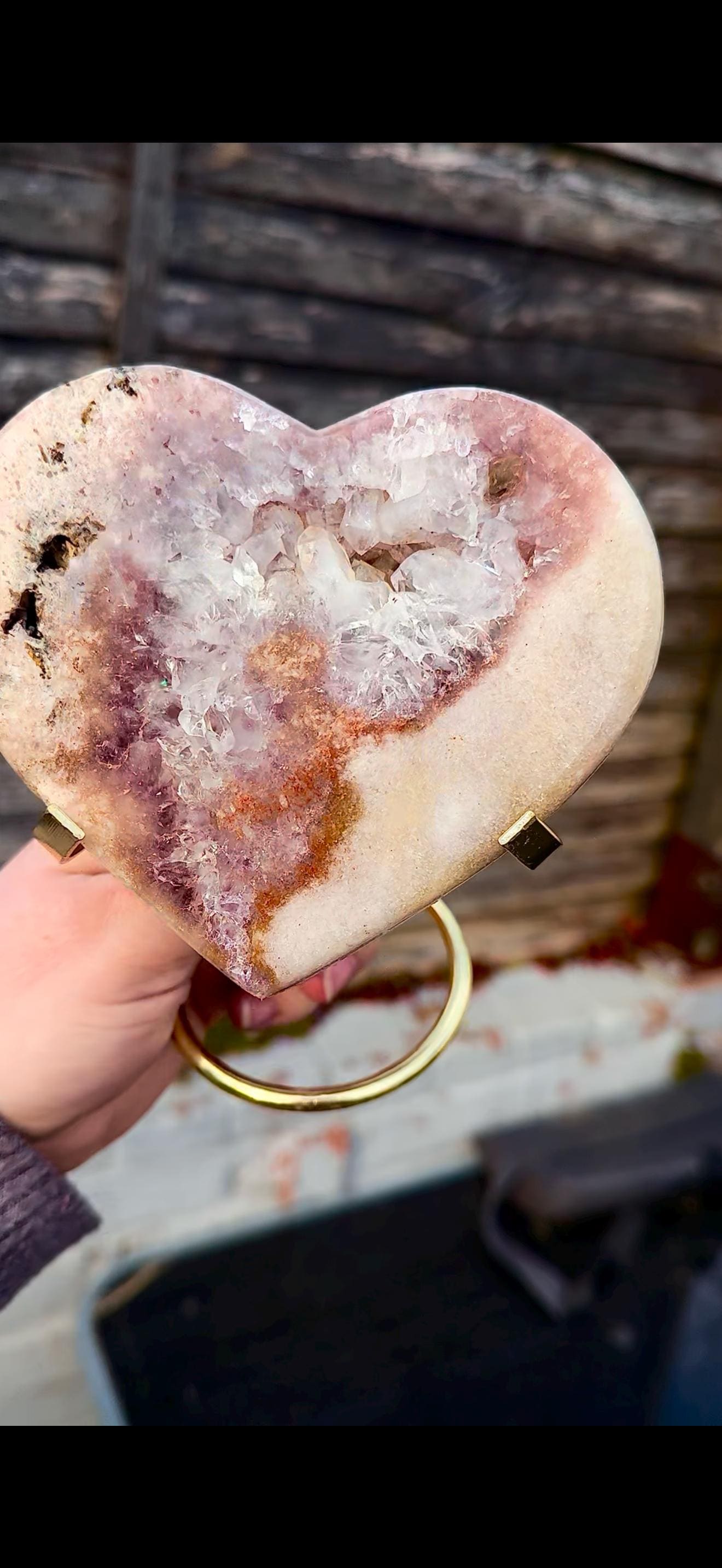 pink amethyst heart with quartz - comes with stand