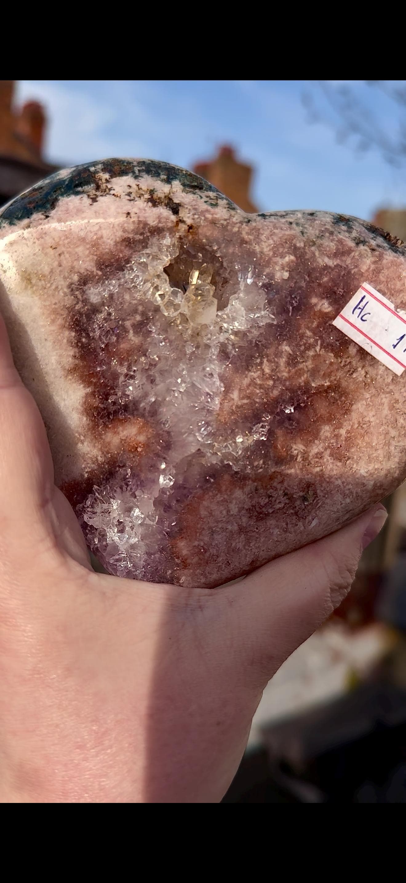 pink amethyst heart with quartz - comes with stand