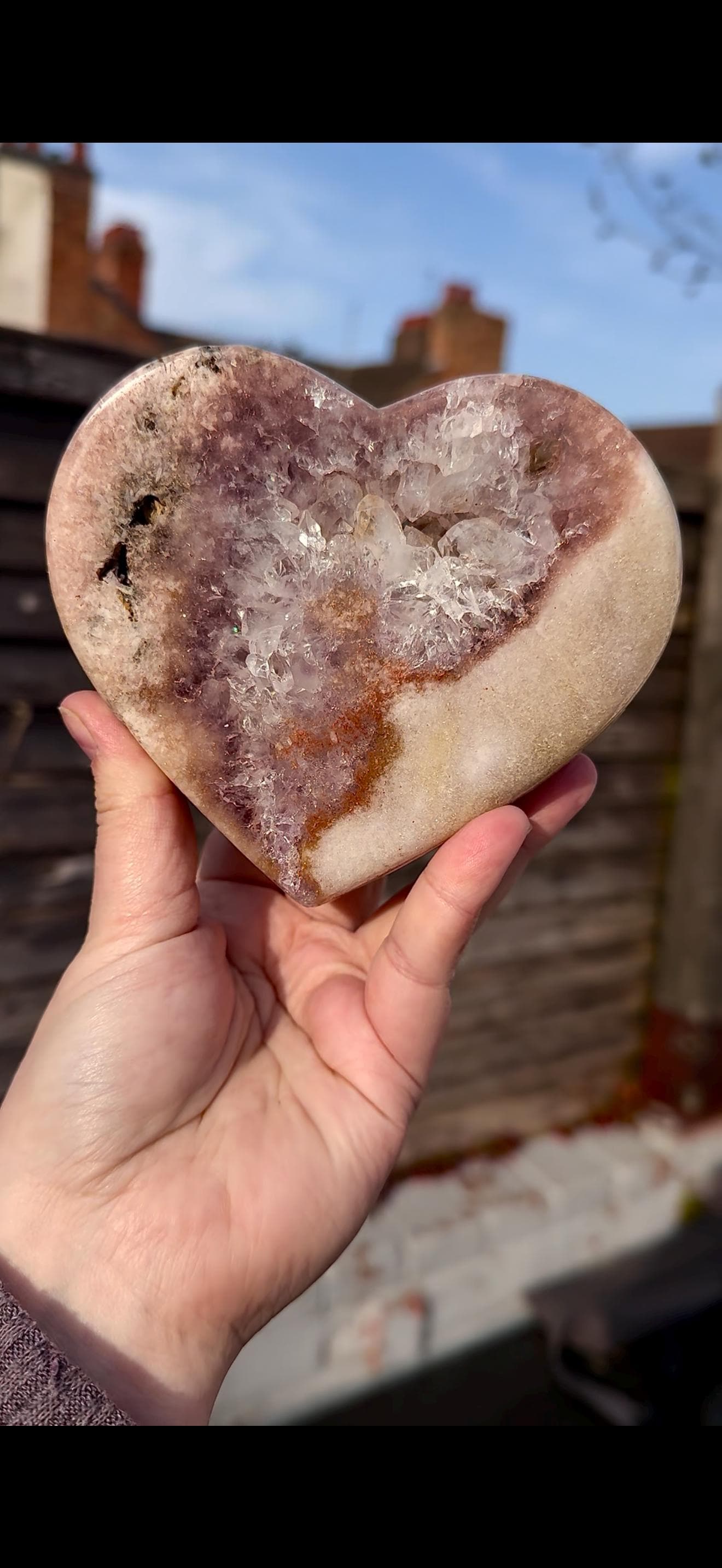 pink amethyst heart with quartz - comes with stand