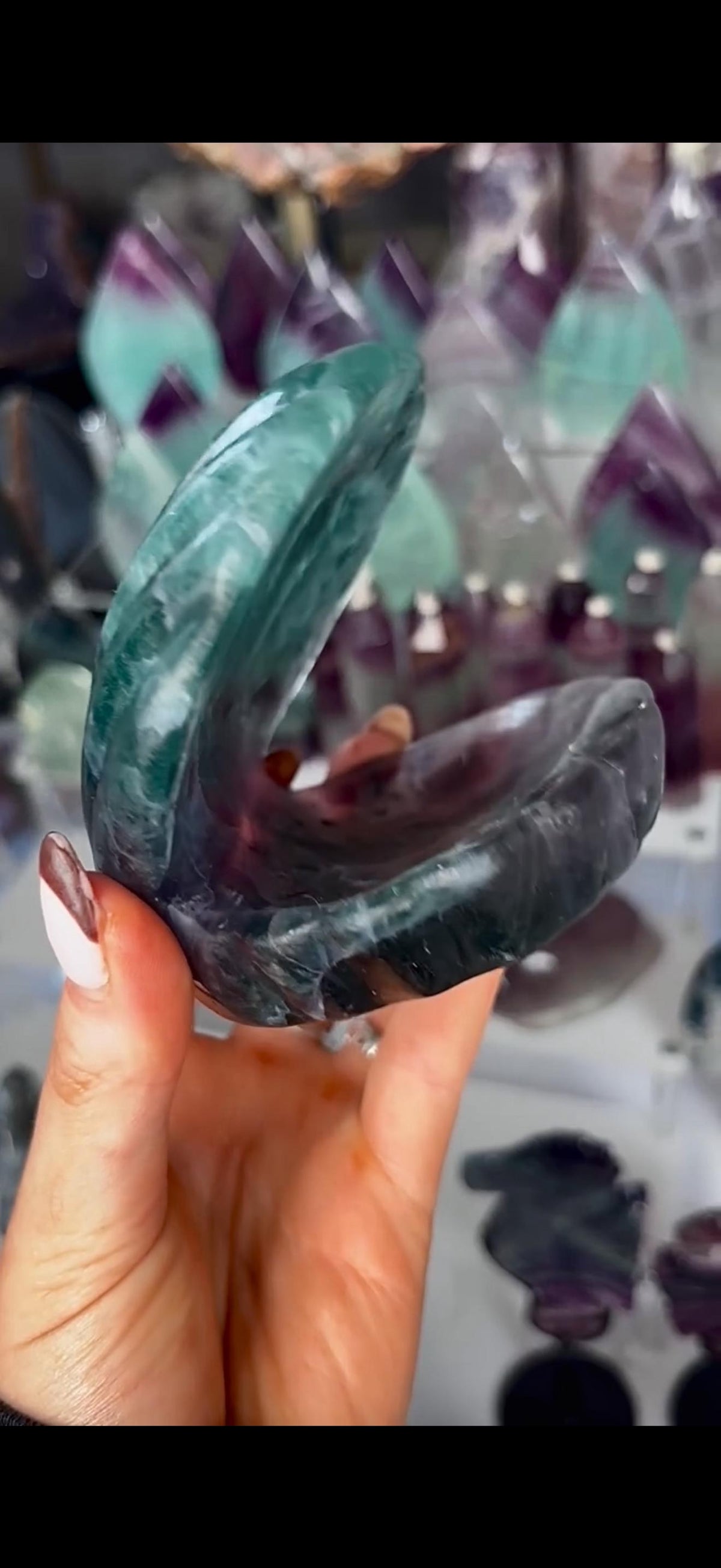 High quality, large watermelon fluorite oyster clam, open shell trinket bowl, dish in purple & green tones