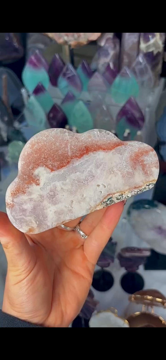 Pretty polished, chunky, pink amethyst cloud in orange & pink tones with quartz druzy