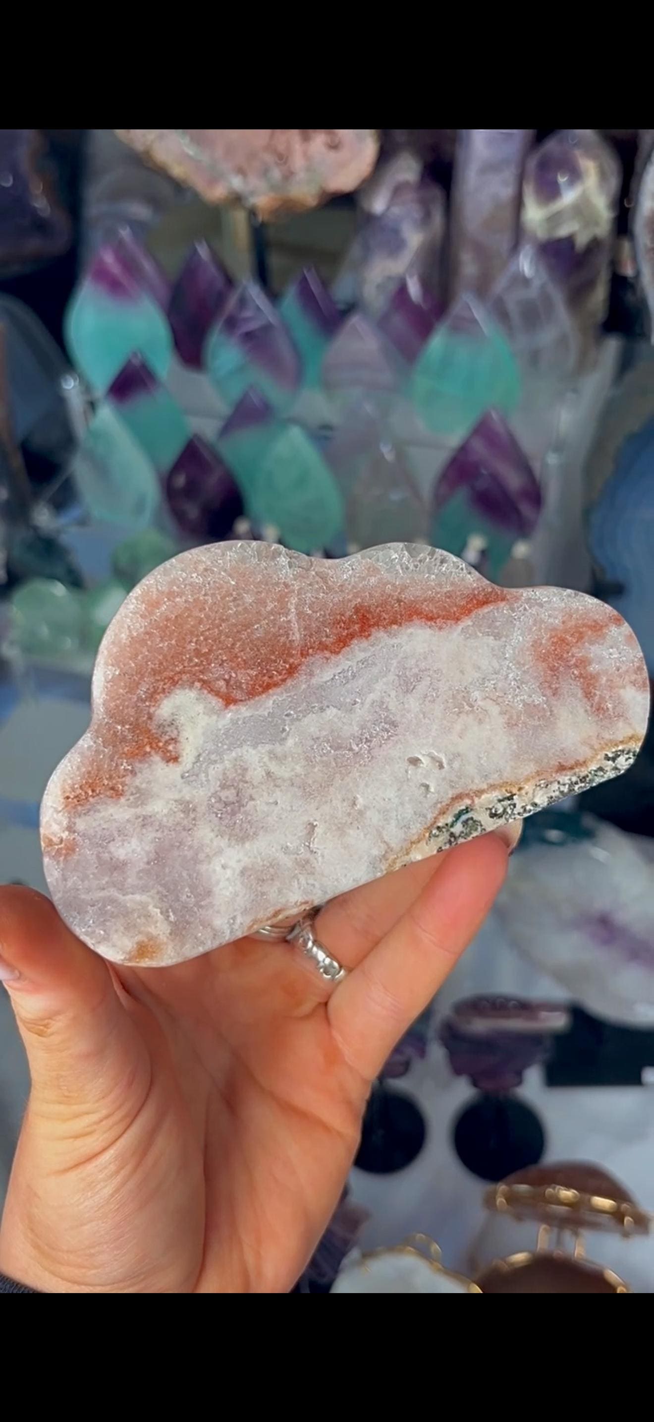 Pretty polished, chunky, pink amethyst cloud in orange & pink tones with quartz druzy
