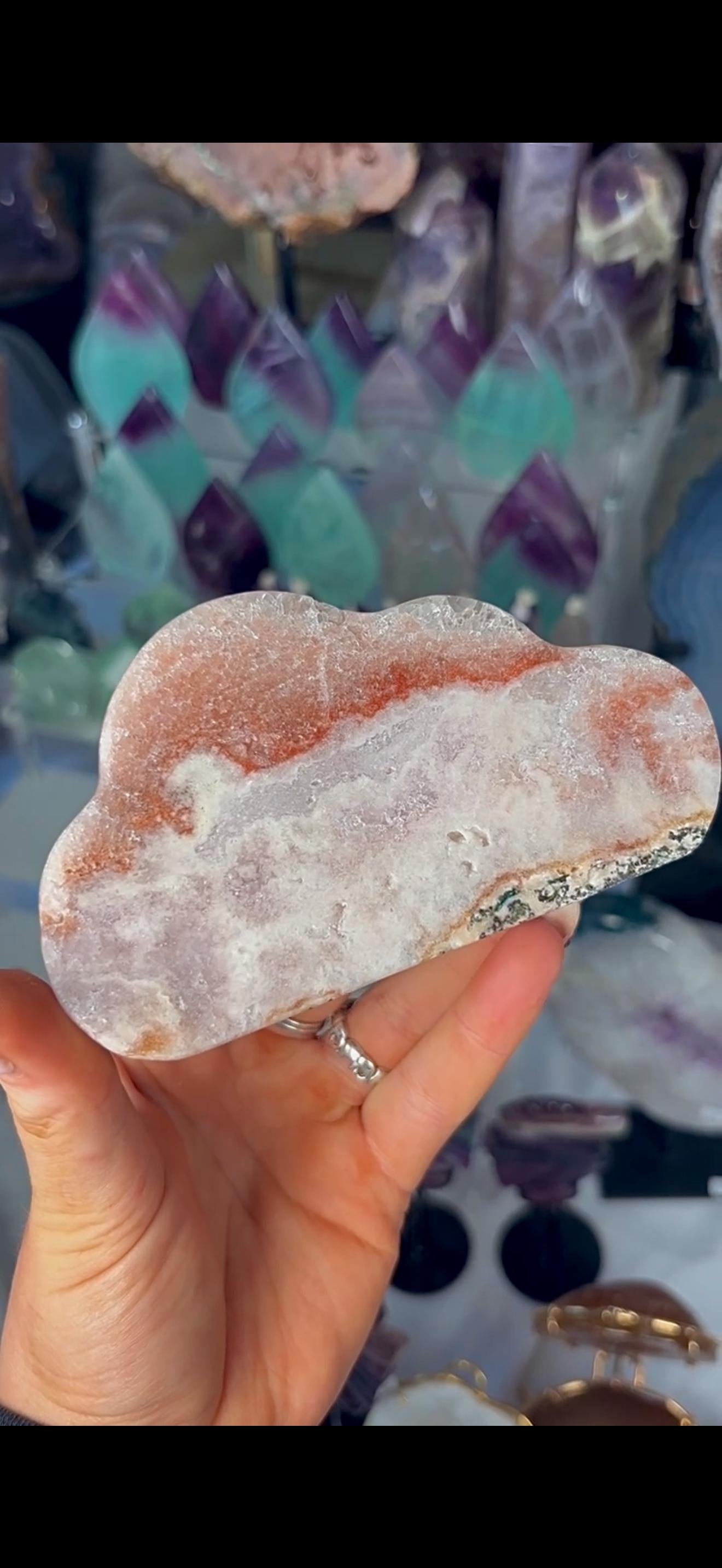 Pretty polished, chunky, pink amethyst cloud in orange & pink tones with quartz druzy