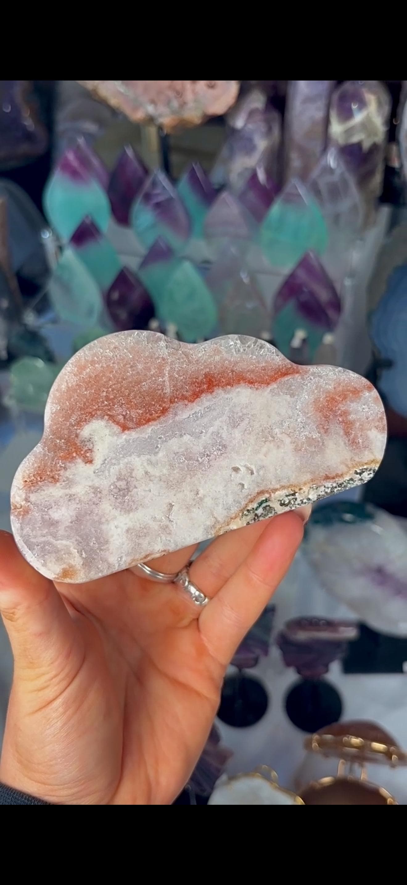 Pretty polished, chunky, pink amethyst cloud in orange & pink tones with quartz druzy