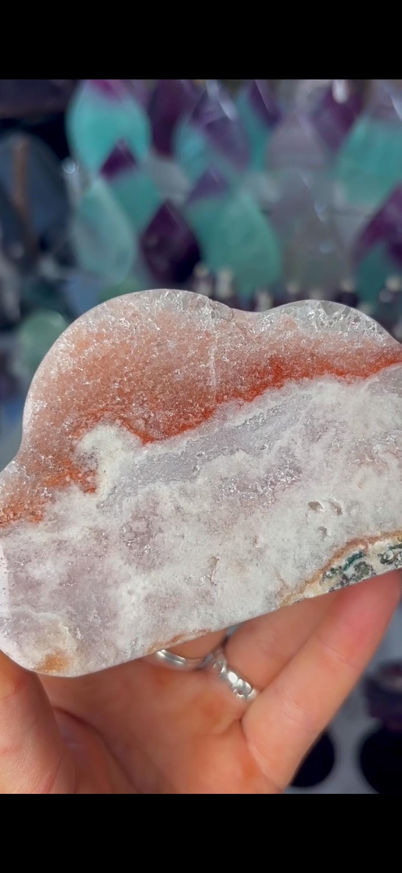 Pretty polished, chunky, pink amethyst cloud in orange & pink tones with quartz druzy