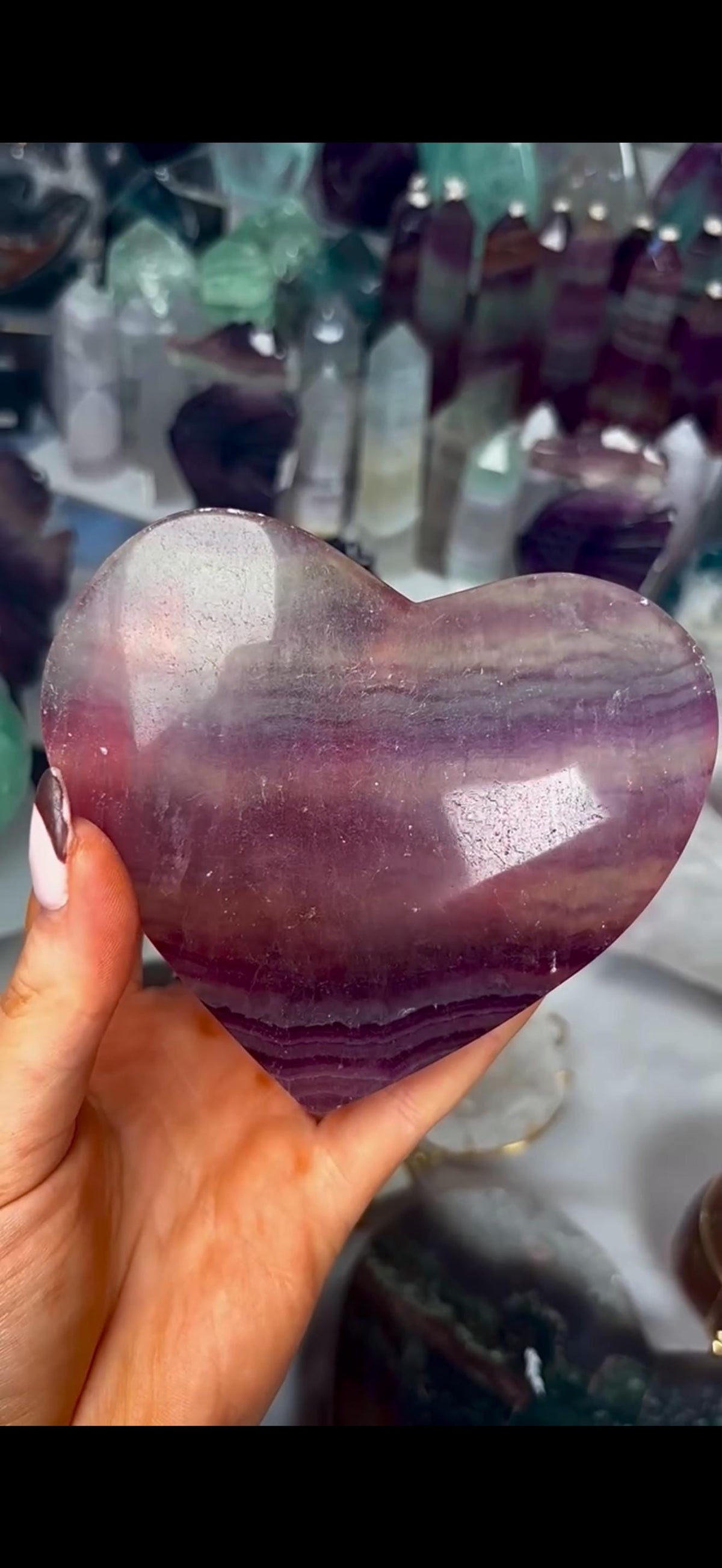 High grade, candy, rainbow fluorite heart in purple & greenish tones - stand will be provided 450g