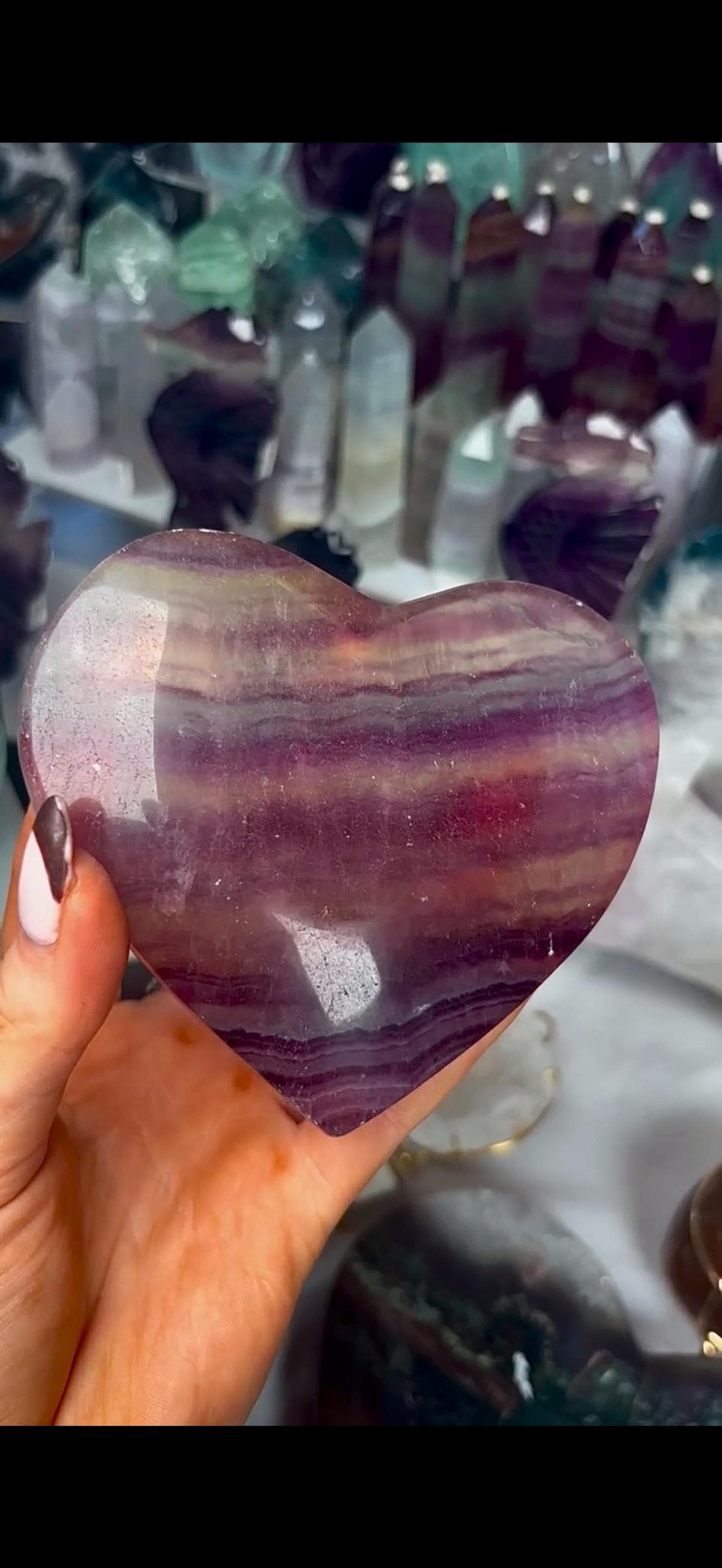 High grade, candy, rainbow fluorite heart in purple & greenish tones - stand will be provided 450g