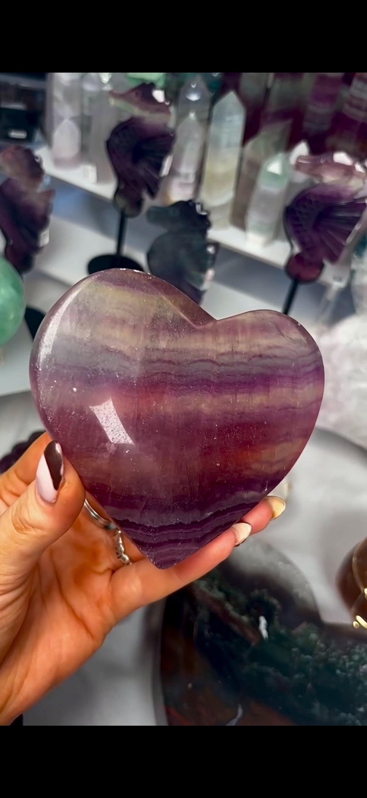 High grade, candy, rainbow fluorite heart in purple & greenish tones - stand will be provided 450g