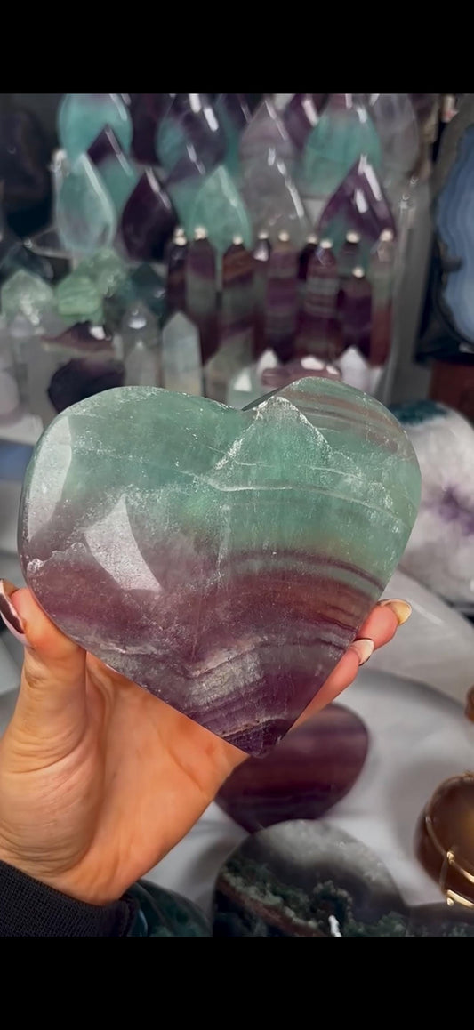 High grade, candy, rainbow fluorite heart in purple & green tones - stand will be provided