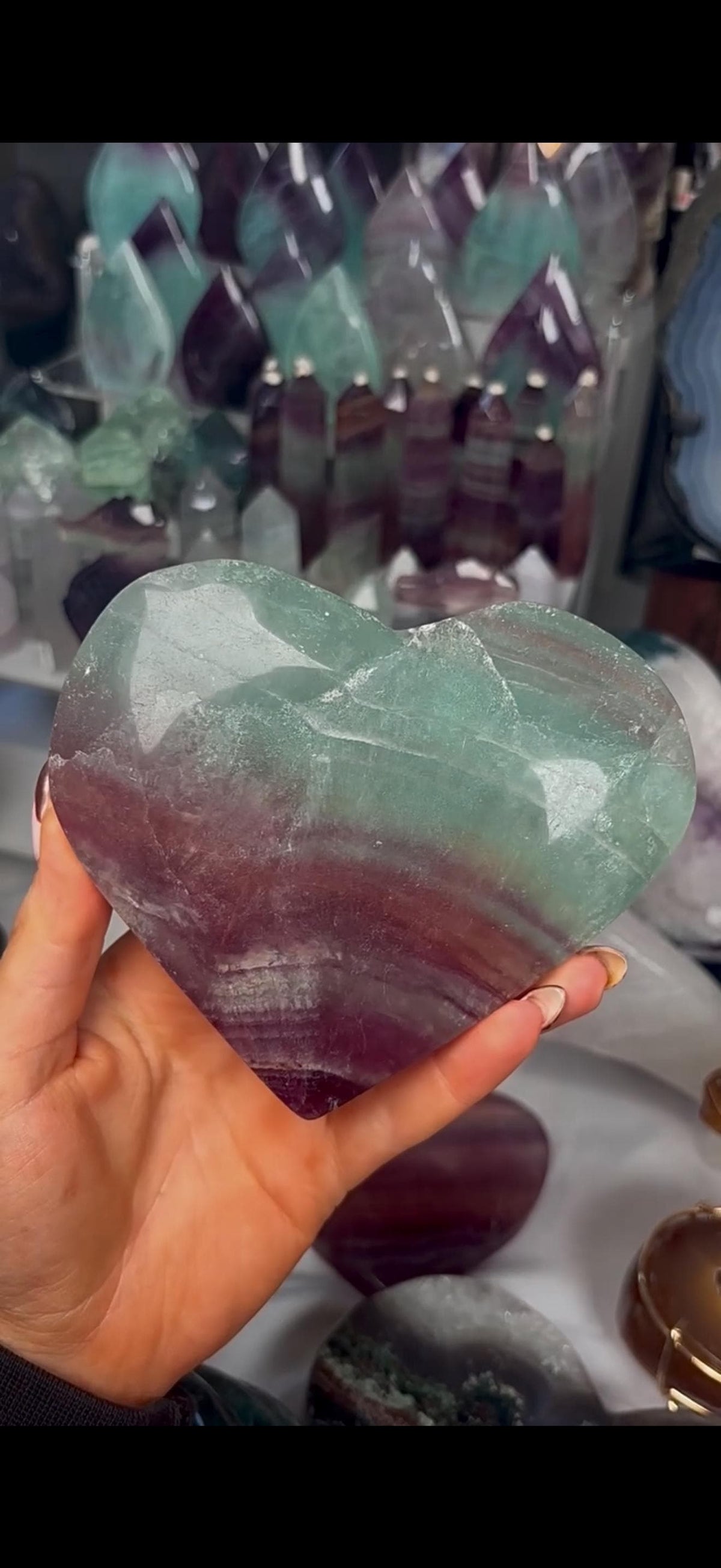 High grade, candy, rainbow fluorite heart in purple & green tones - stand will be provided