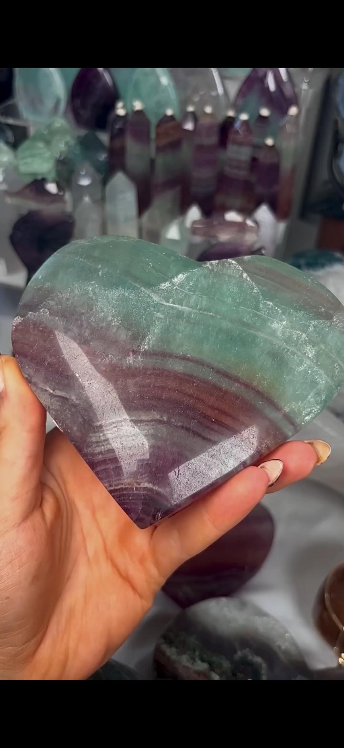 High grade, candy, rainbow fluorite heart in purple & green tones - stand will be provided