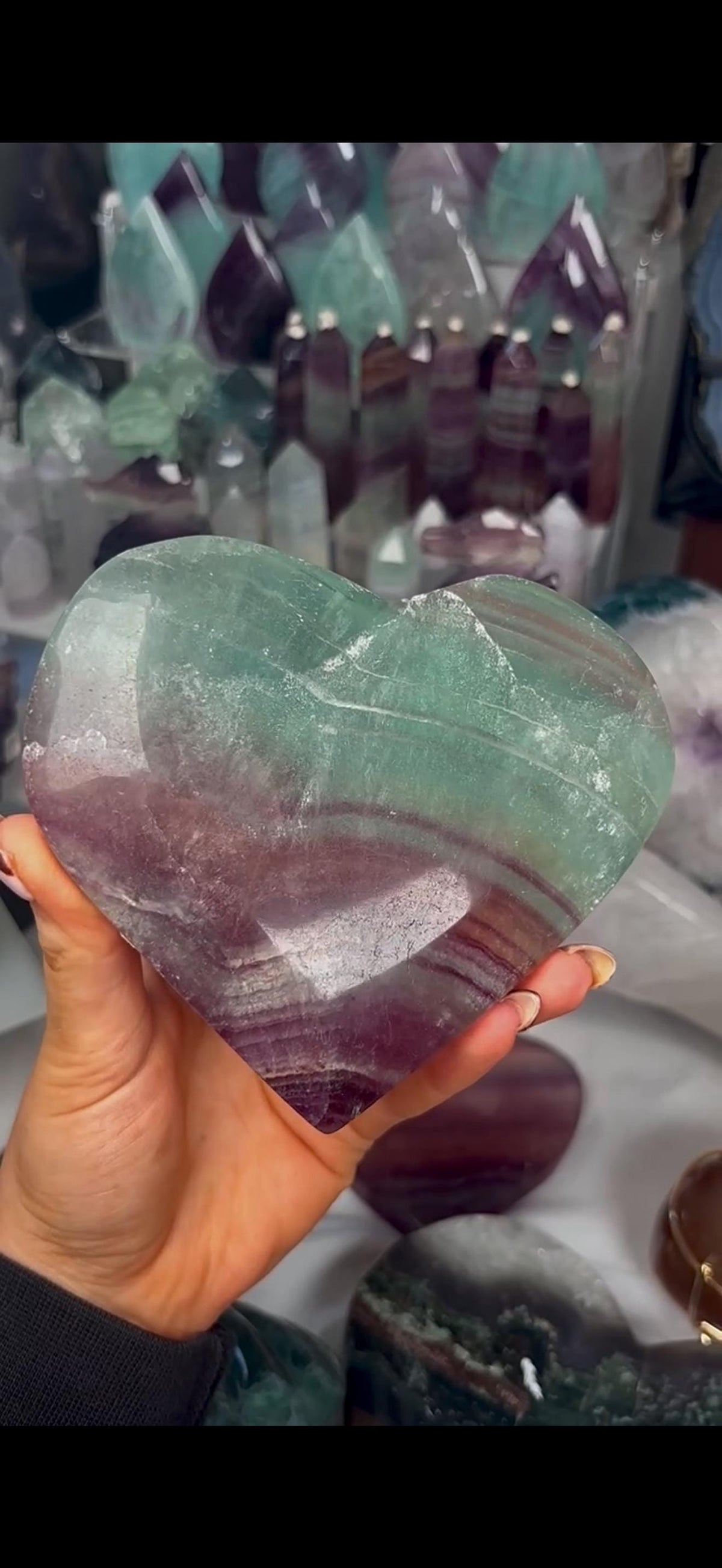 High grade, candy, rainbow fluorite heart in purple & green tones - stand will be provided