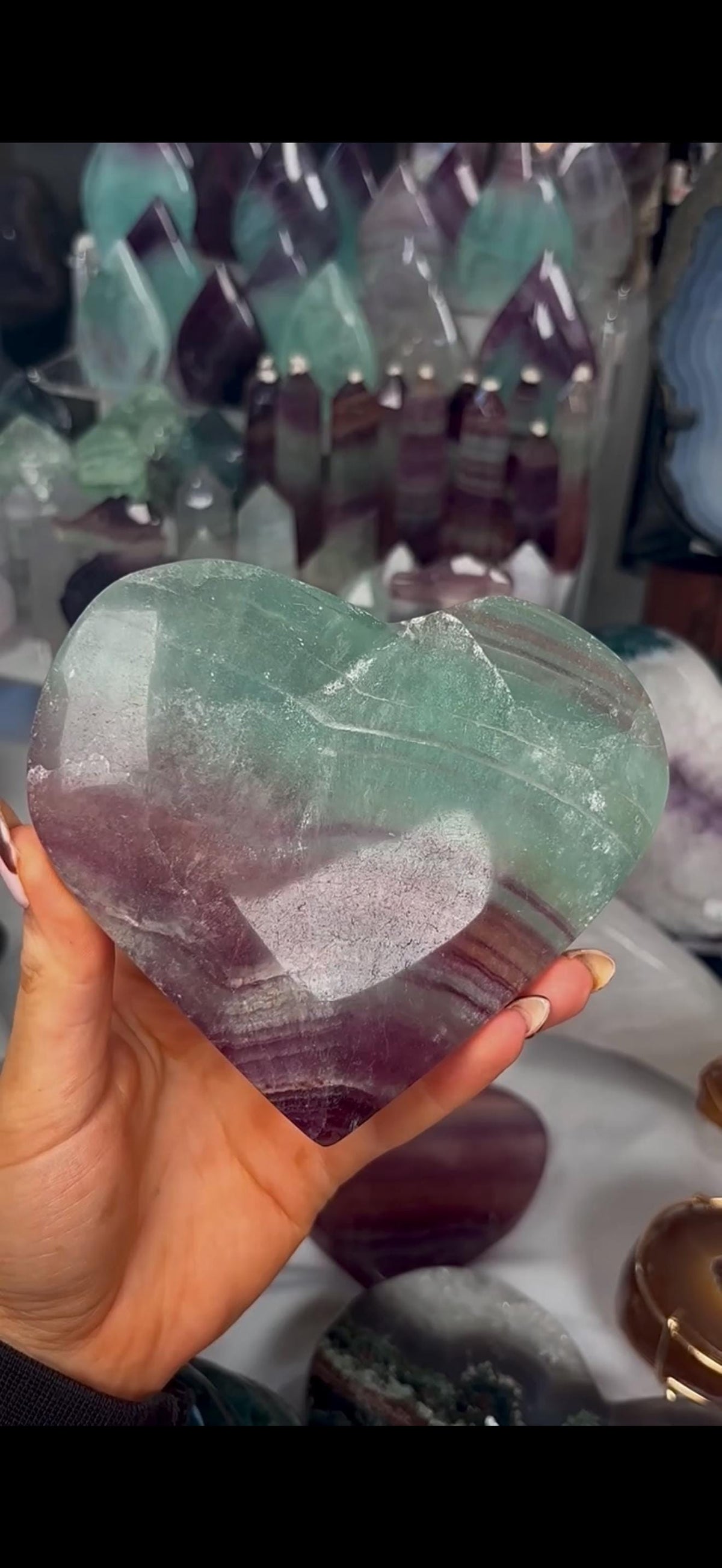 High grade, candy, rainbow fluorite heart in purple & green tones - stand will be provided