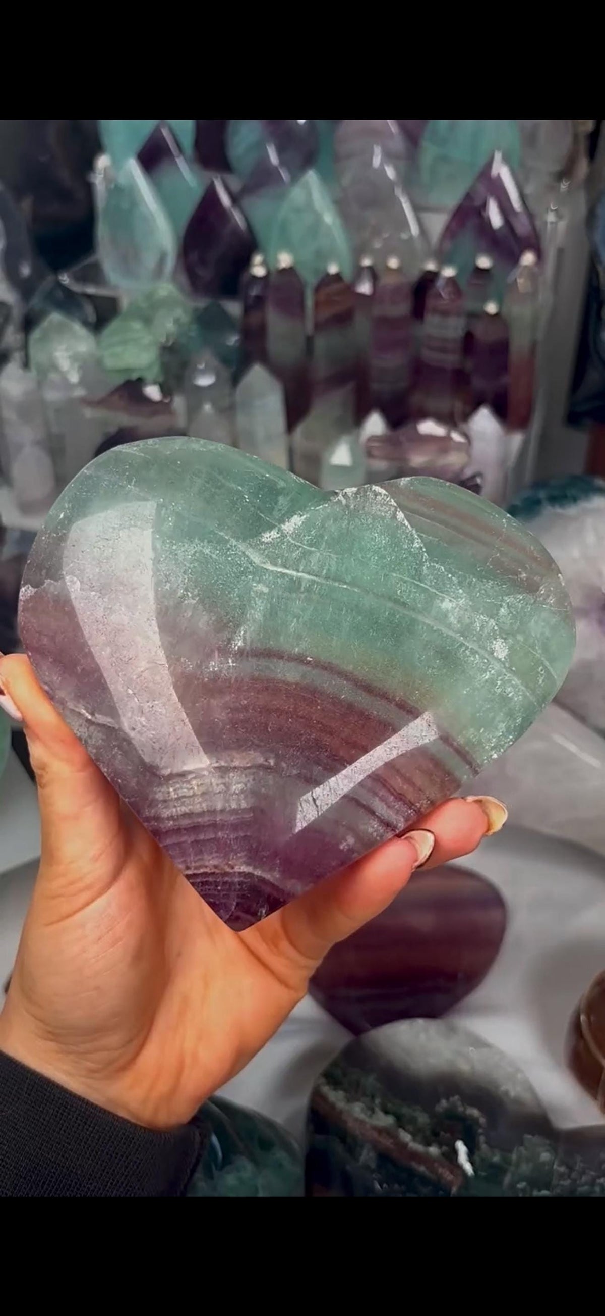 High grade, candy, rainbow fluorite heart in purple & green tones - stand will be provided