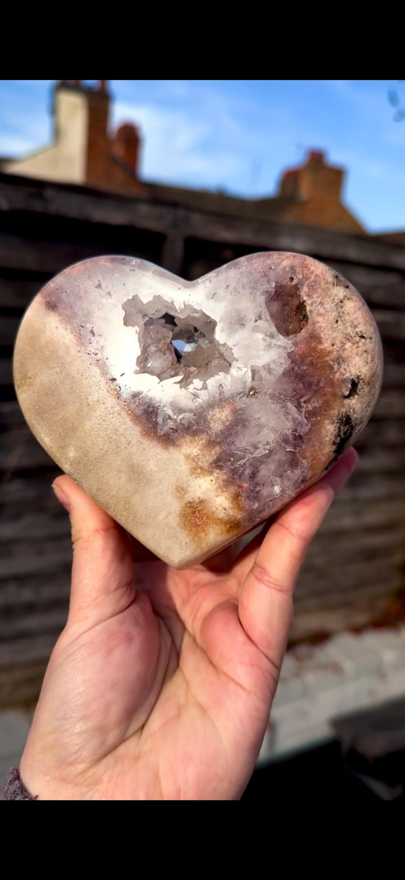 pink amethyst heart with quartz - comes with stand