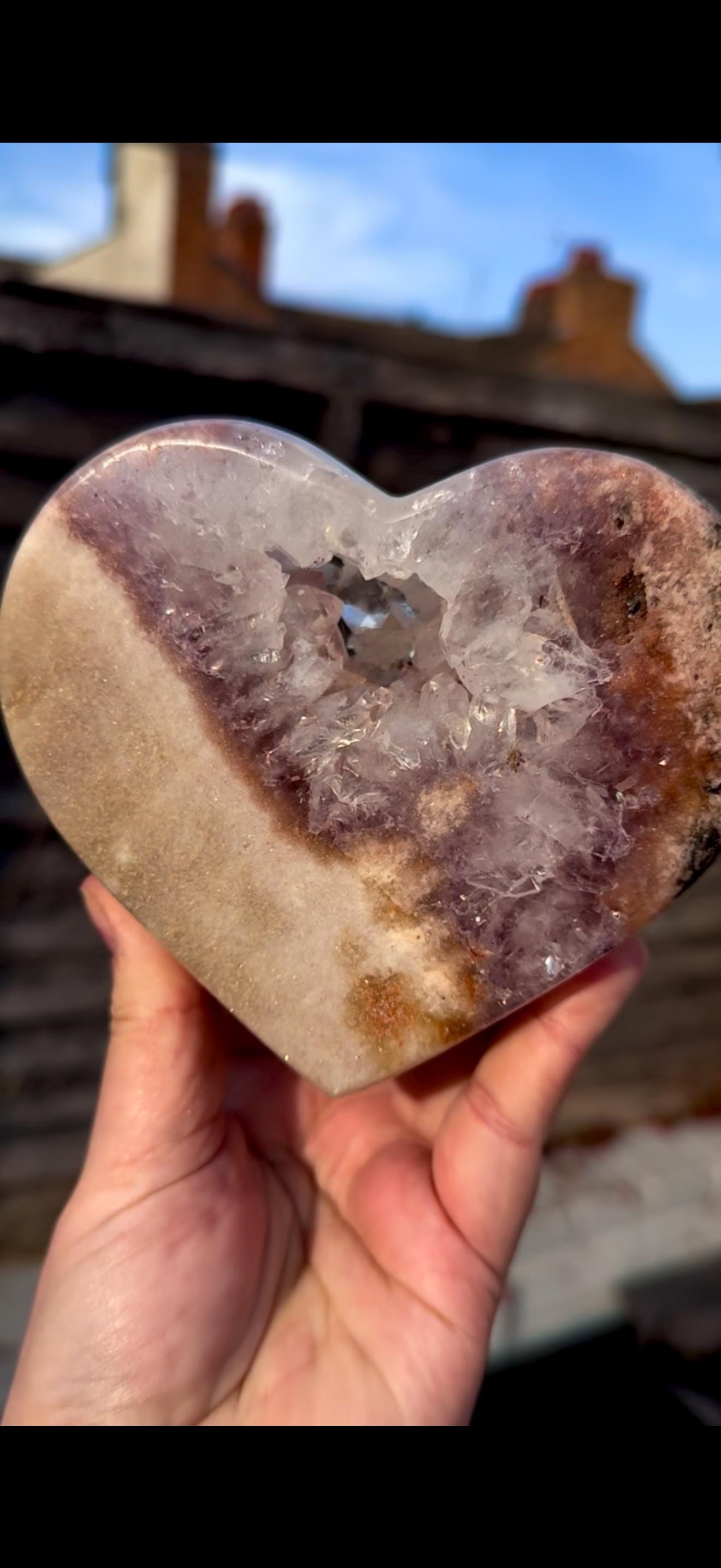 pink amethyst heart with quartz - comes with stand