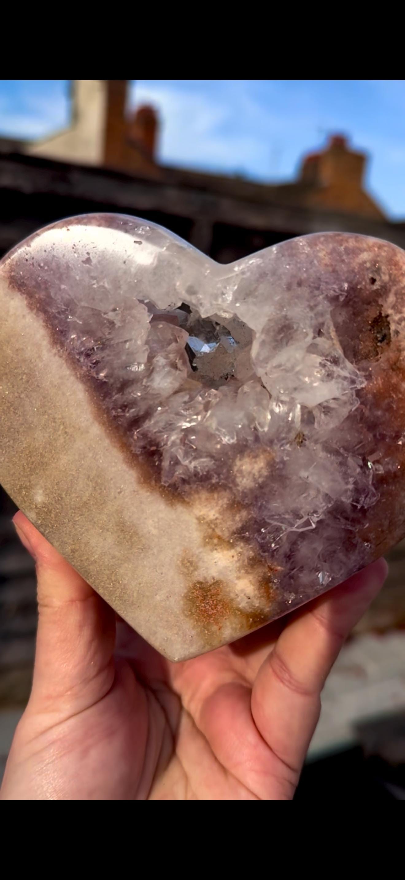 pink amethyst heart with quartz - comes with stand