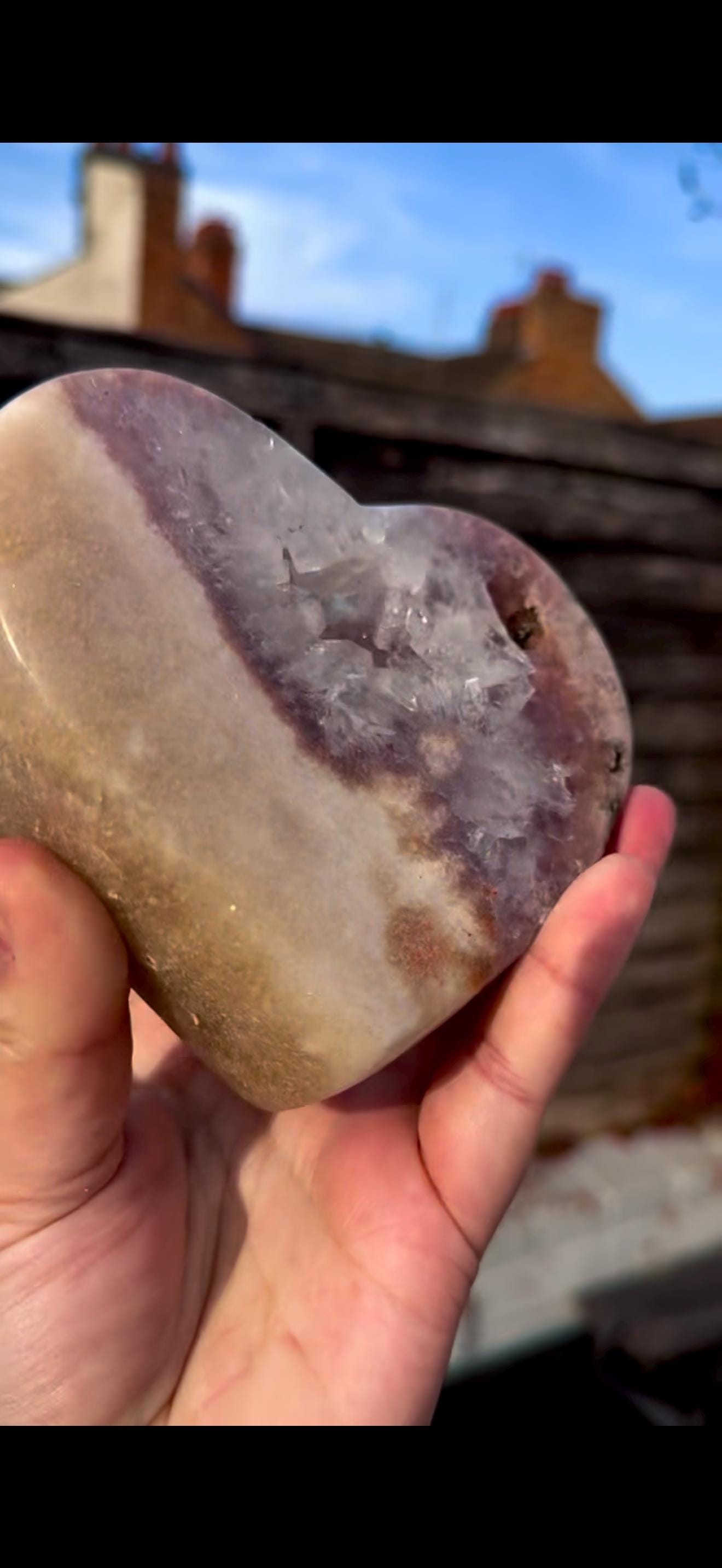 pink amethyst heart with quartz - comes with stand