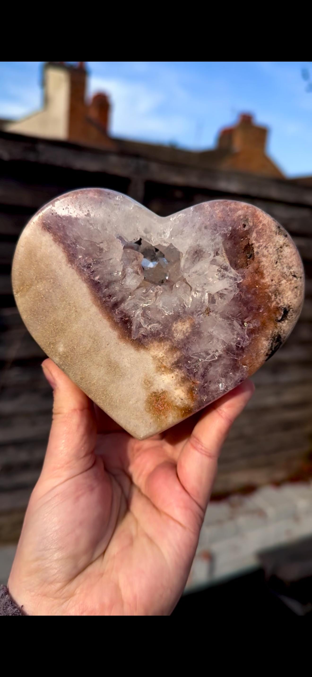 pink amethyst heart with quartz - comes with stand