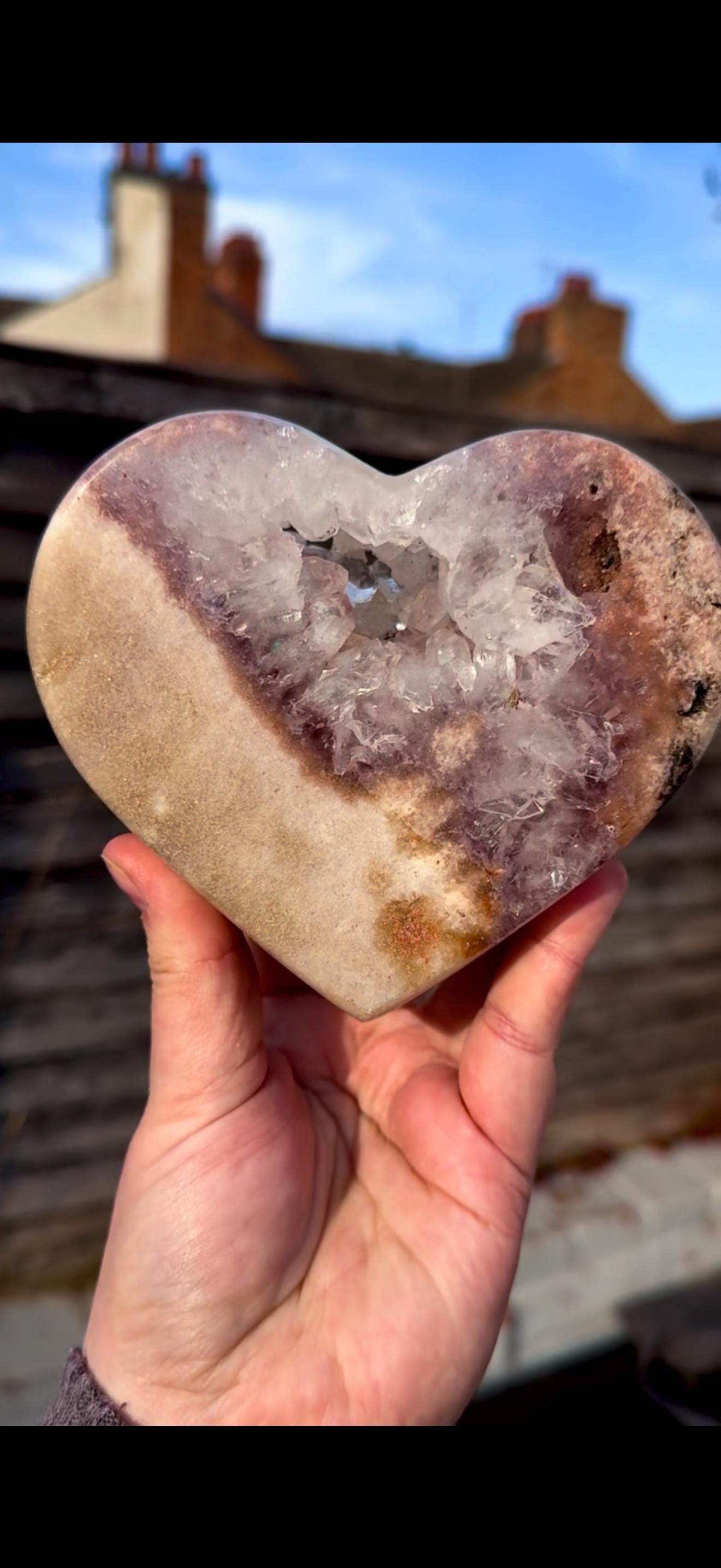 pink amethyst heart with quartz - comes with stand
