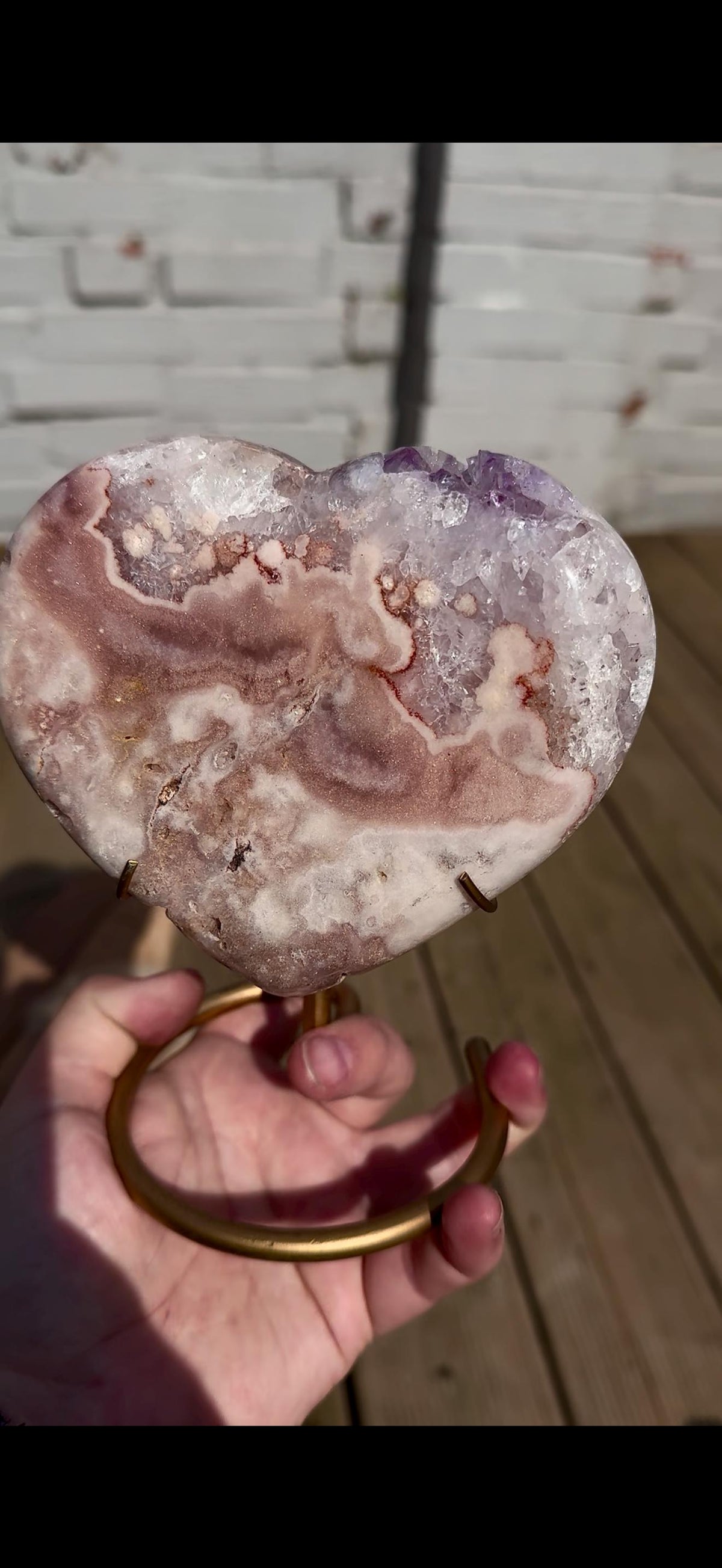 pink amethyst heart with quartz - comes with stand