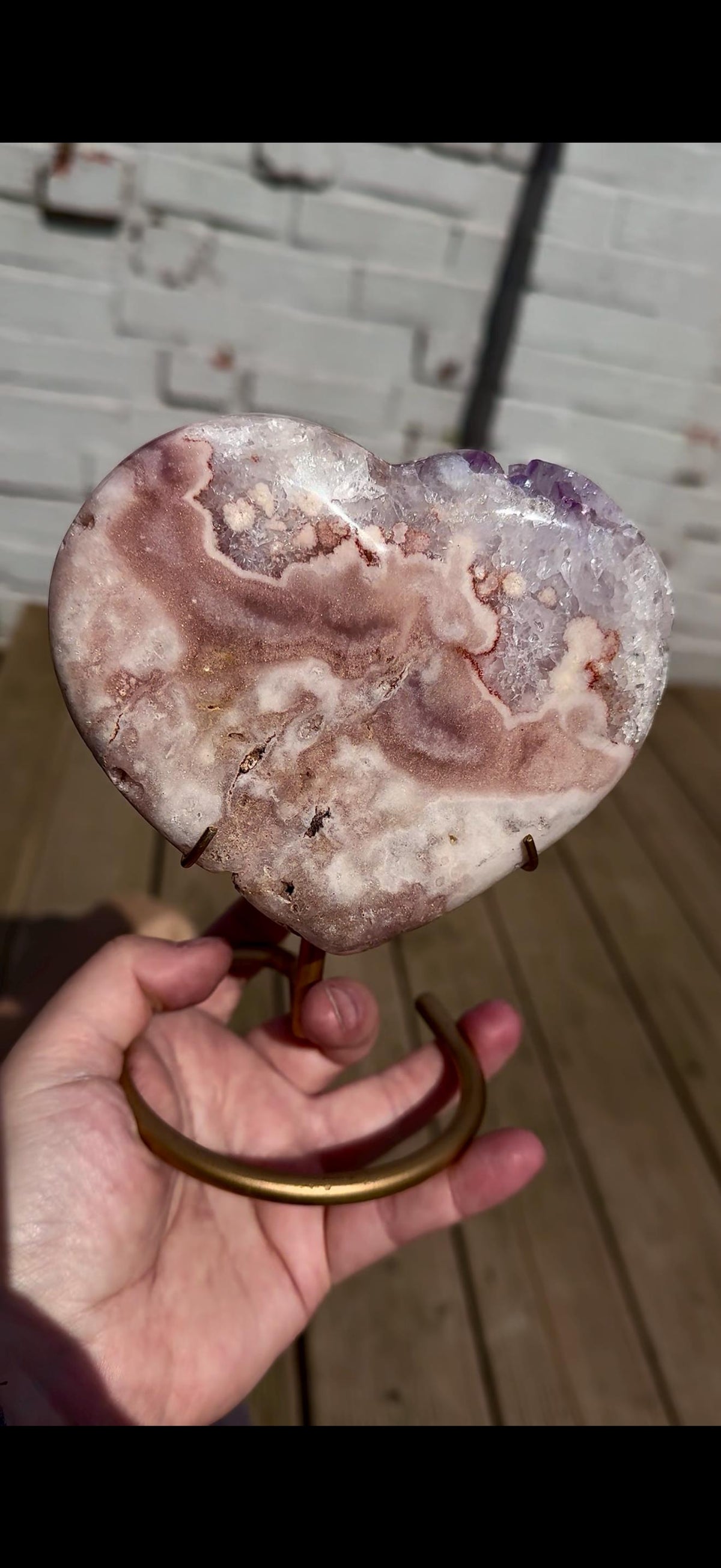 pink amethyst heart with quartz - comes with stand