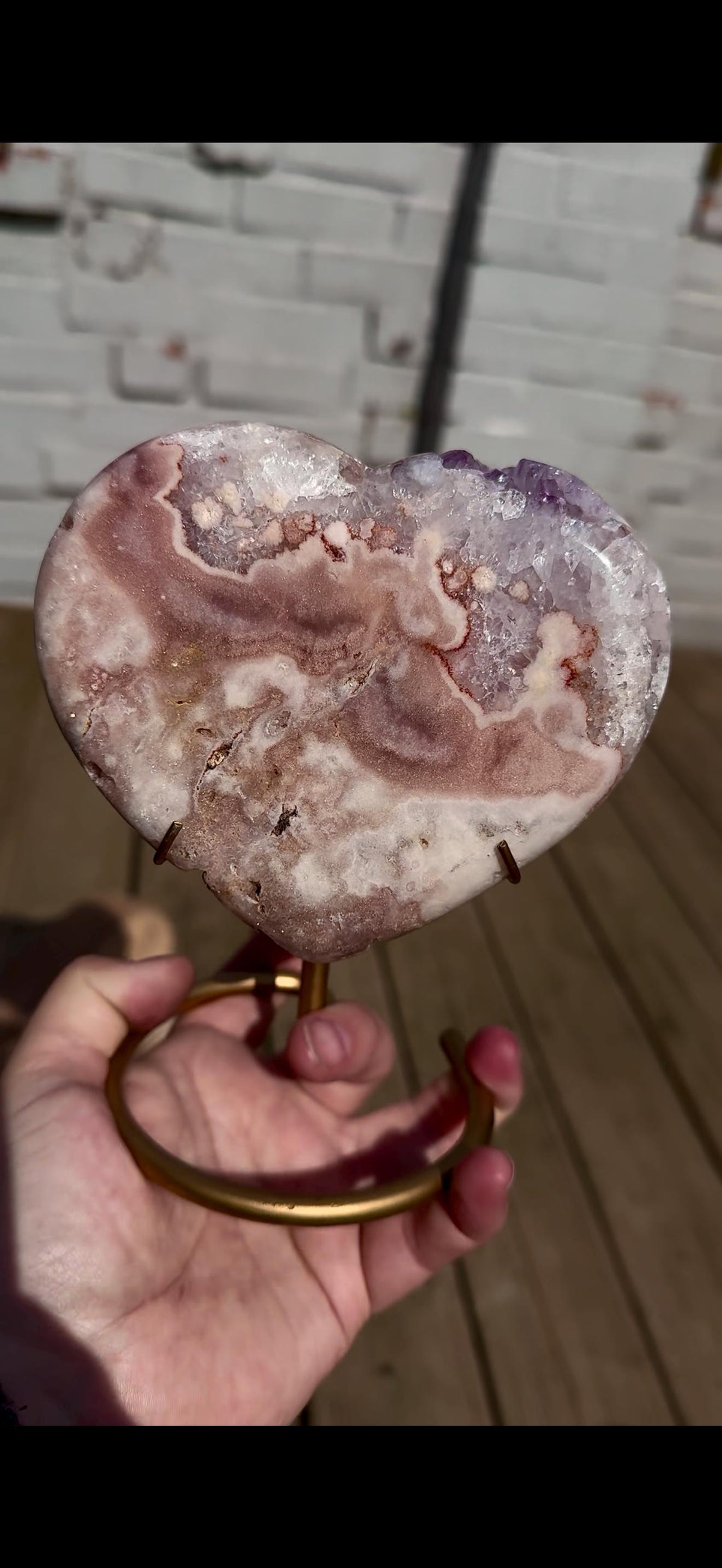 pink amethyst heart with quartz - comes with stand