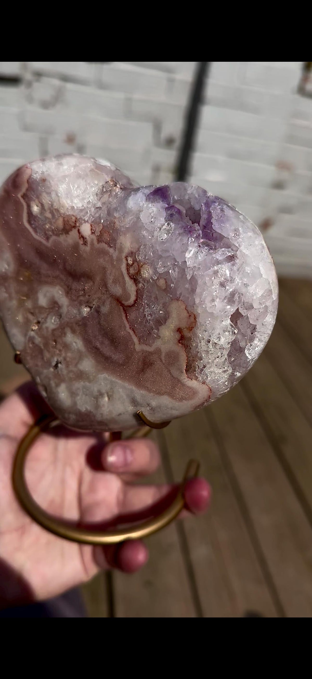 pink amethyst heart with quartz - comes with stand