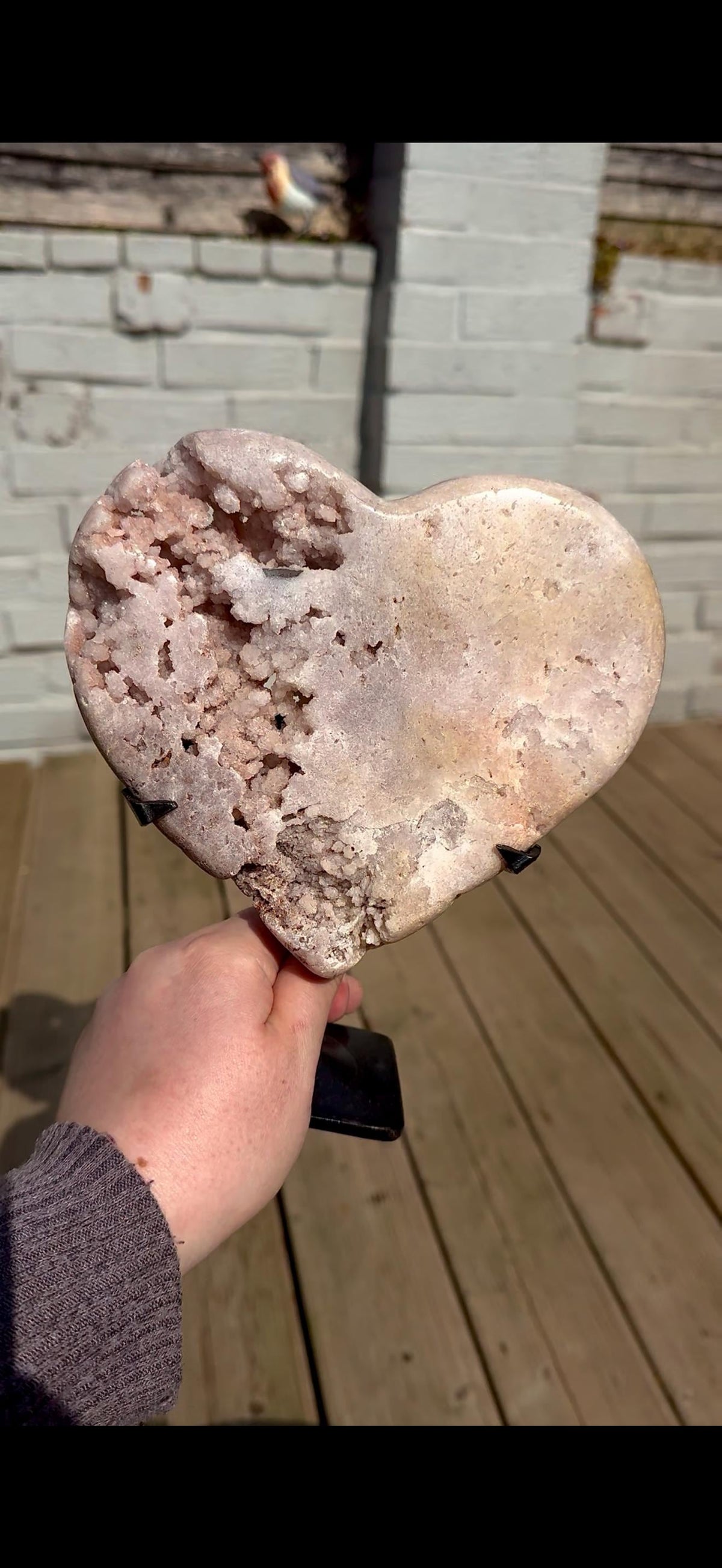 high quality, statement pink amethyst heart with unique bubble formations in a lemon/white tone - comes with a custom stand