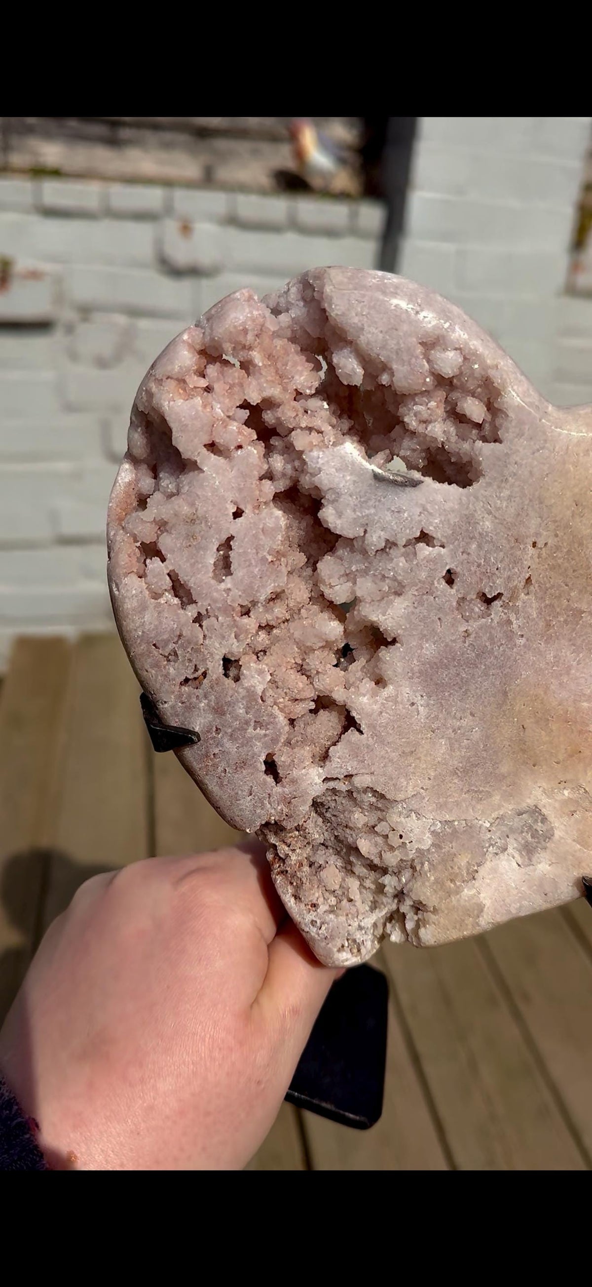 high quality, statement pink amethyst heart with unique bubble formations in a lemon/white tone - comes with a custom stand