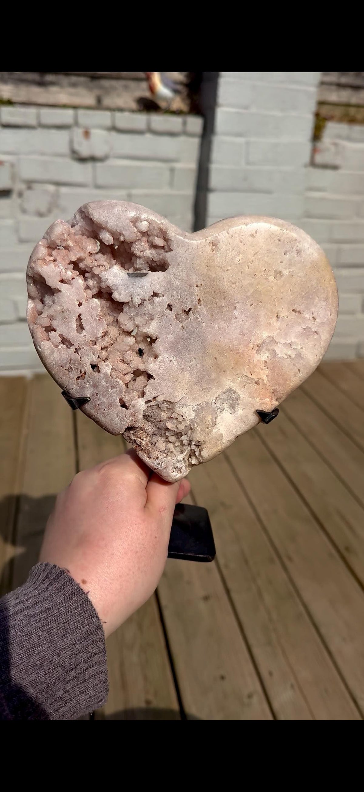 high quality, statement pink amethyst heart with unique bubble formations in a lemon/white tone - comes with a custom stand
