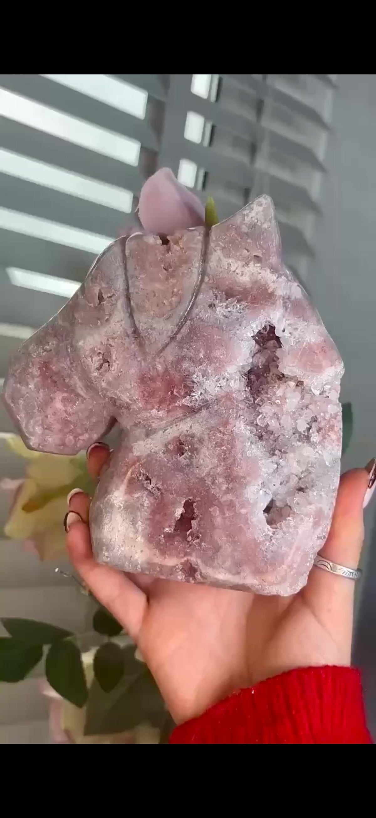 High grade, pink amethyst horse carving with quartz druzy