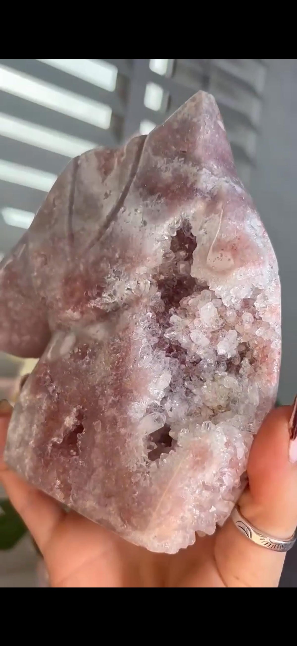 High grade, pink amethyst horse carving with quartz druzy