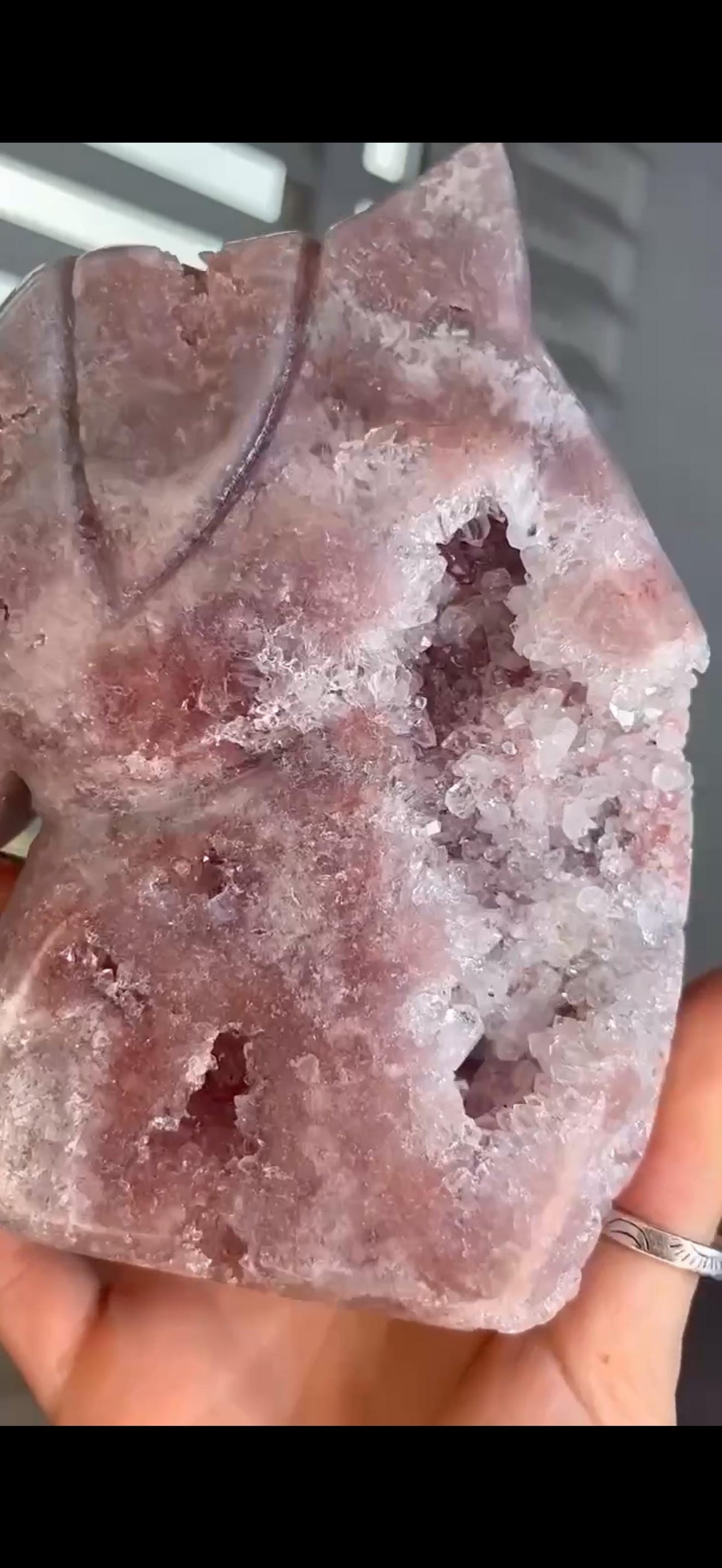 High grade, pink amethyst horse carving with quartz druzy