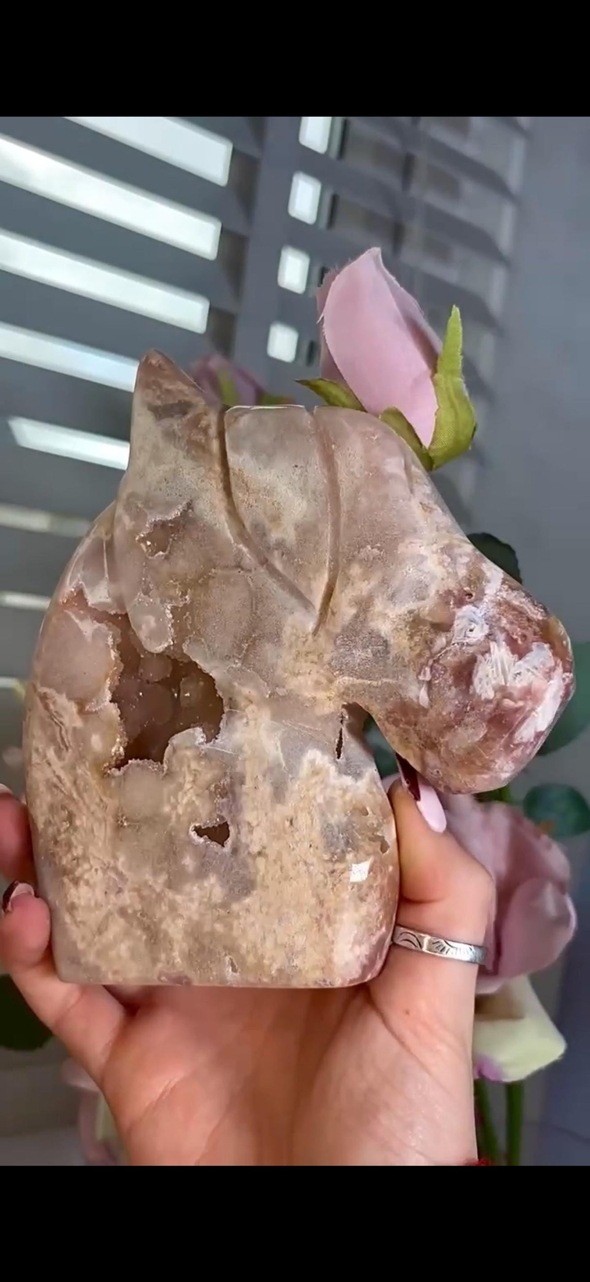 High grade, golden pink amethyst horse, pony carving with sugar druzy 820g