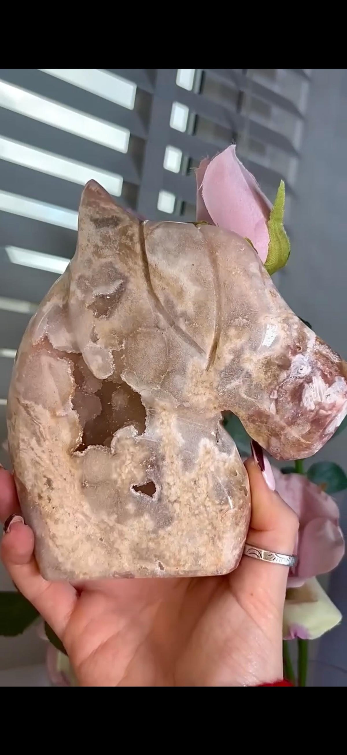 High grade, golden pink amethyst horse, pony carving with sugar druzy 820g