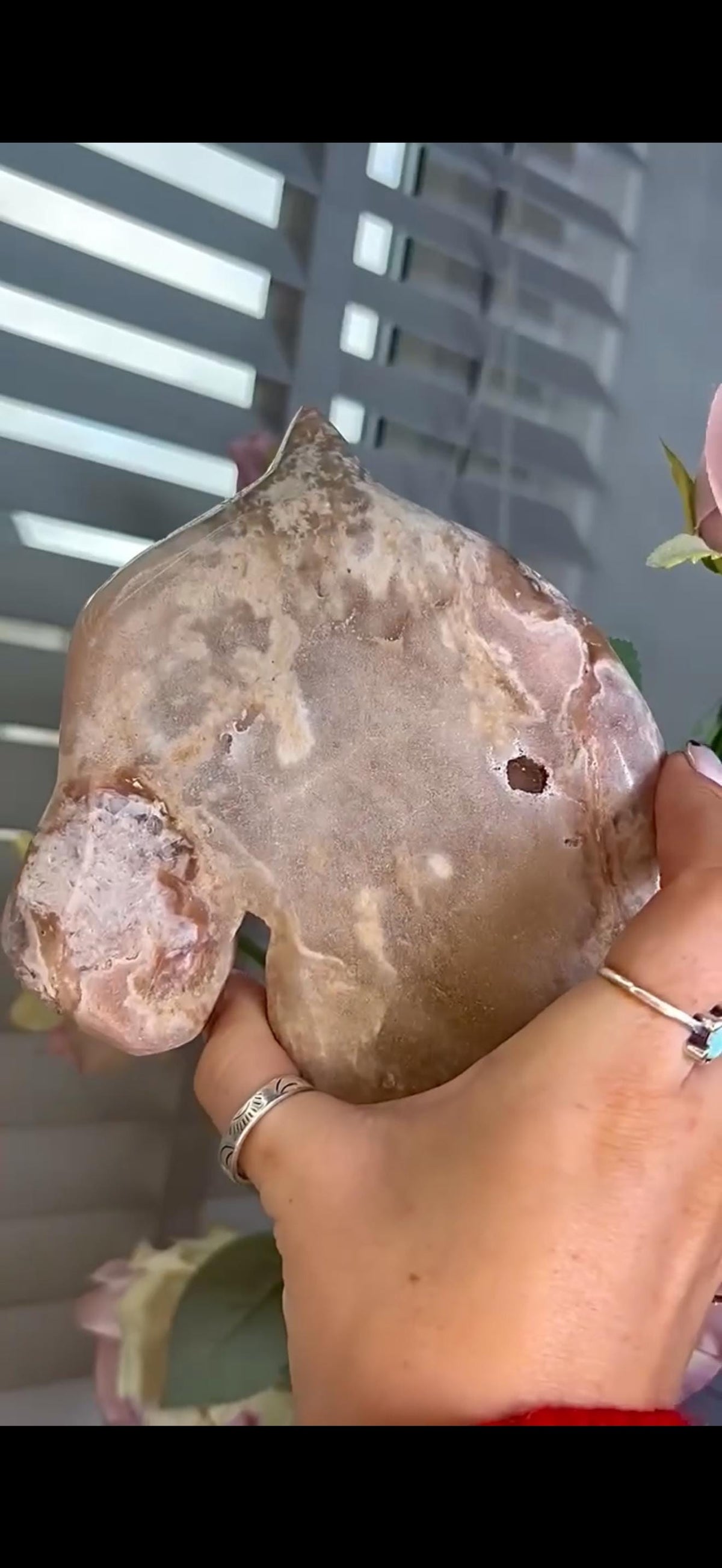 High grade, golden pink amethyst horse, pony carving with sugar druzy 820g