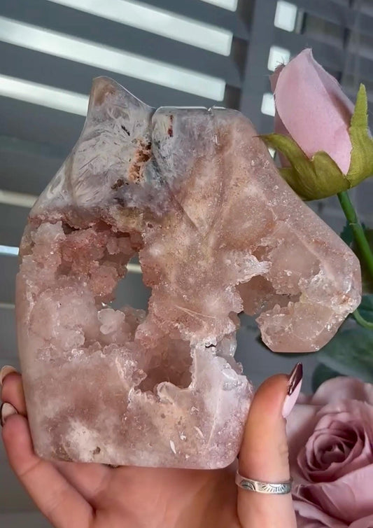 High grade, pink amethyst horse carving with quartz bubble druzy 840g