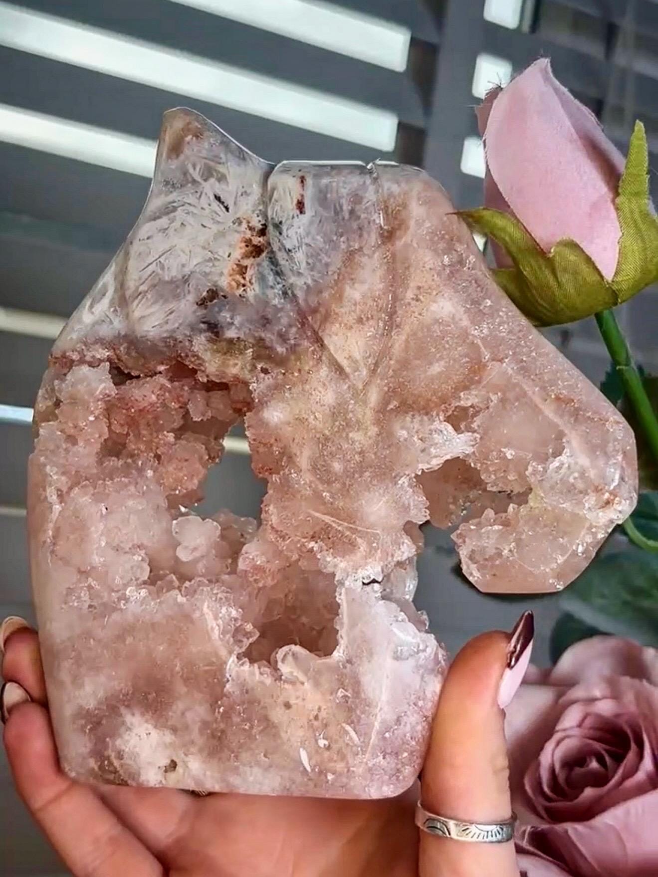 High grade, pink amethyst horse carving with quartz bubble druzy 840g