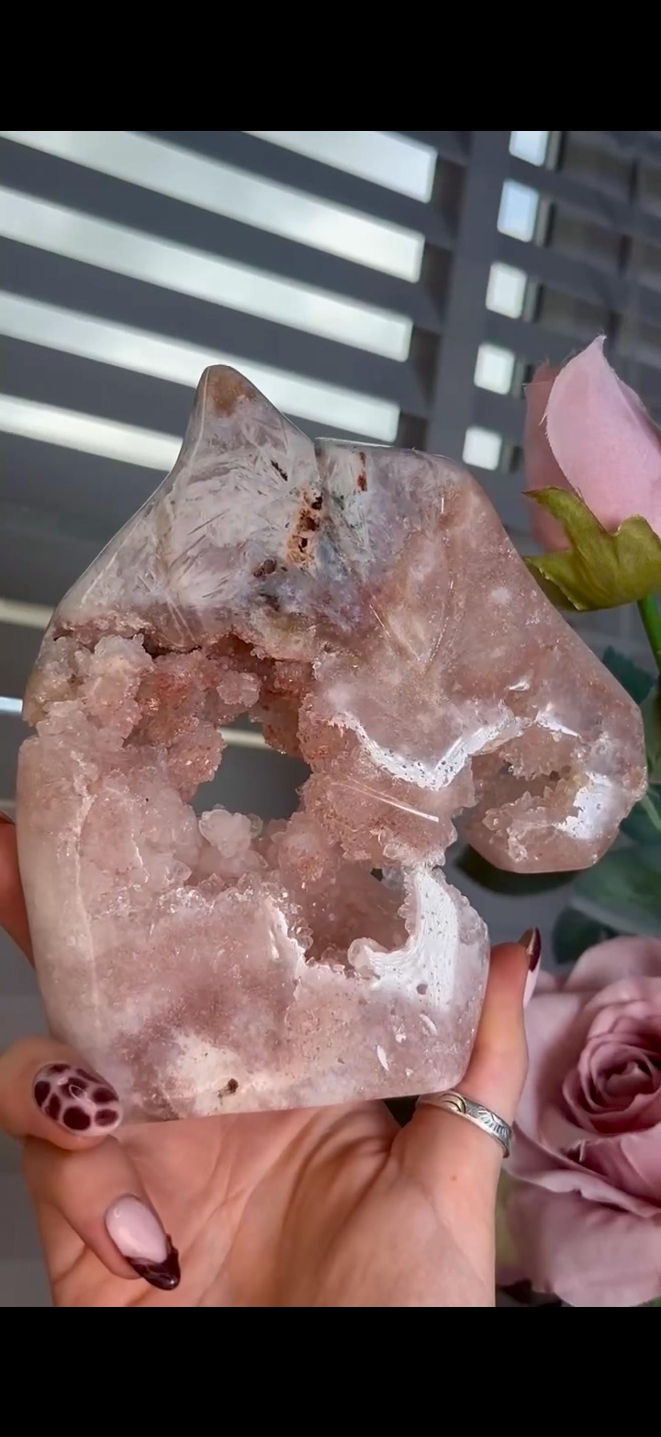 High grade, pink amethyst horse carving with quartz bubble druzy 840g