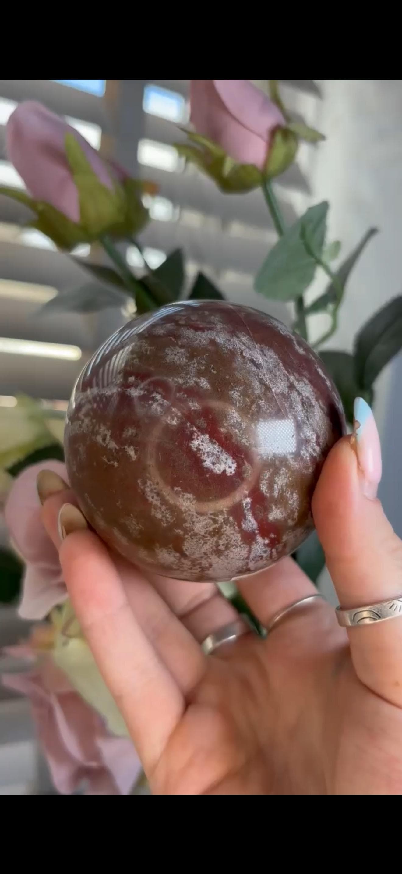 ocean jasper sphere in red/pink & white tones