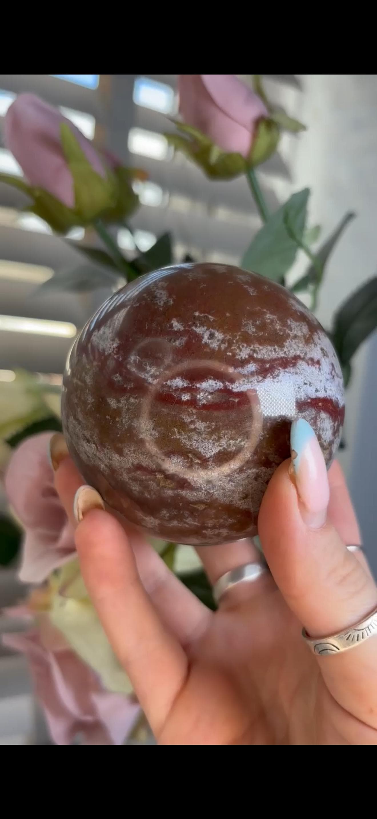 ocean jasper sphere in red/pink & white tones
