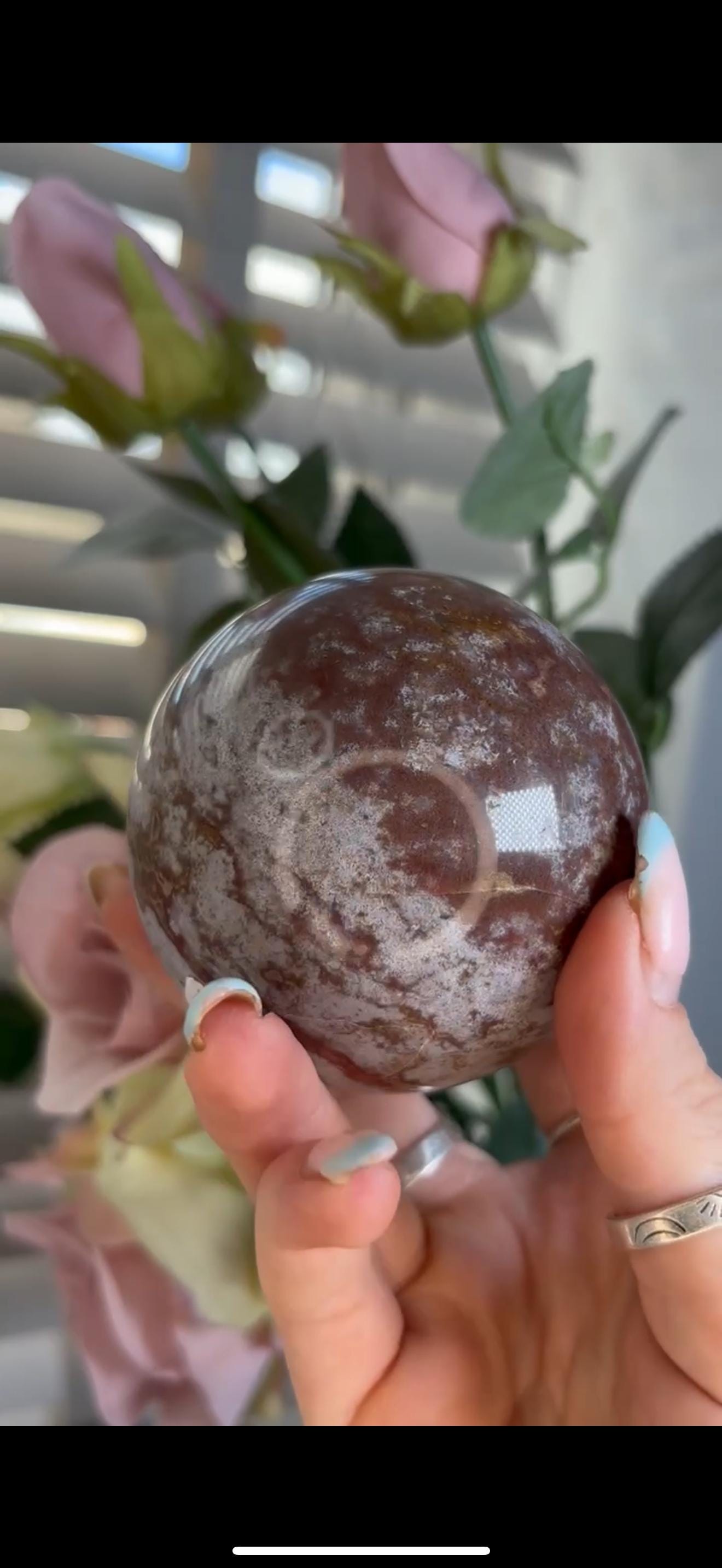 ocean jasper sphere in red/pink & white tones