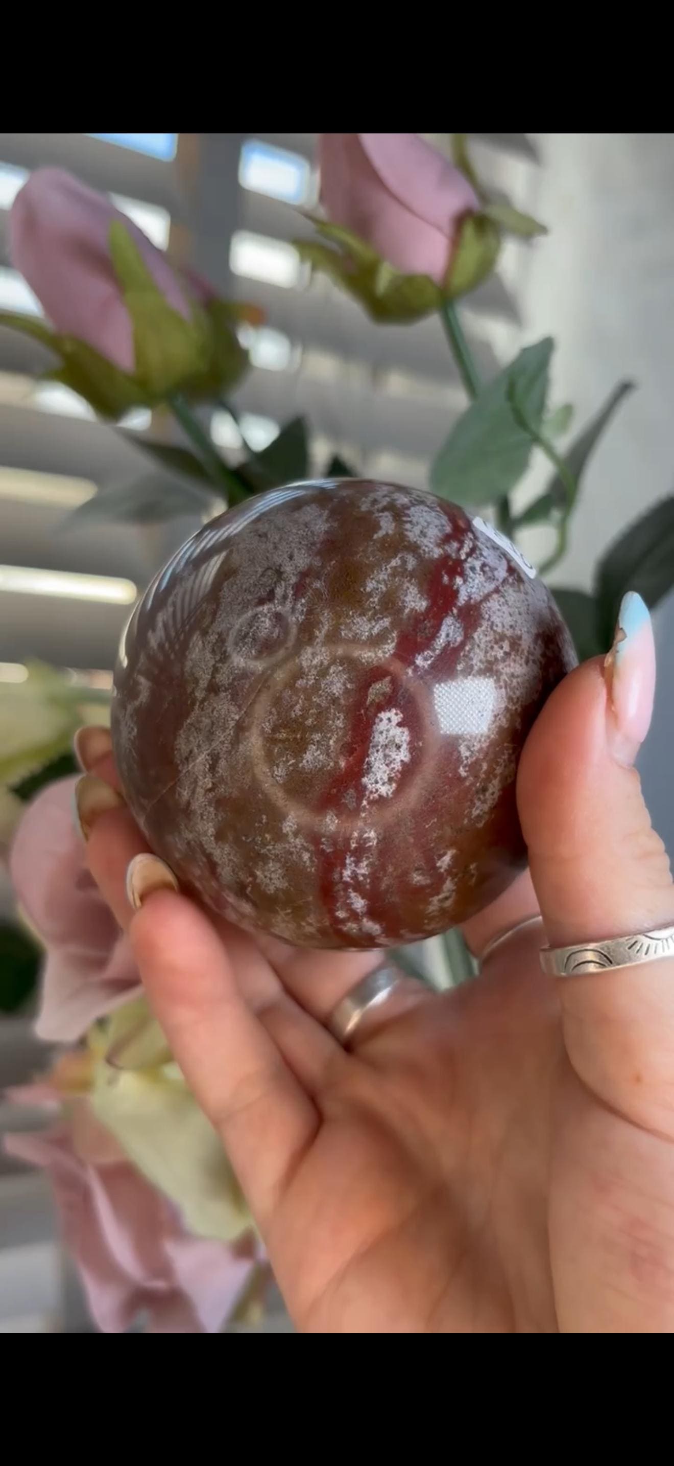 ocean jasper sphere in red/pink & white tones